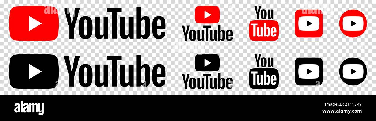 Set di logo YouTube. La progettazione può essere utilizzata per applicazioni Web e mobili. Illustrazione editoriale isolata su sfondo trasparente Illustrazione Vettoriale