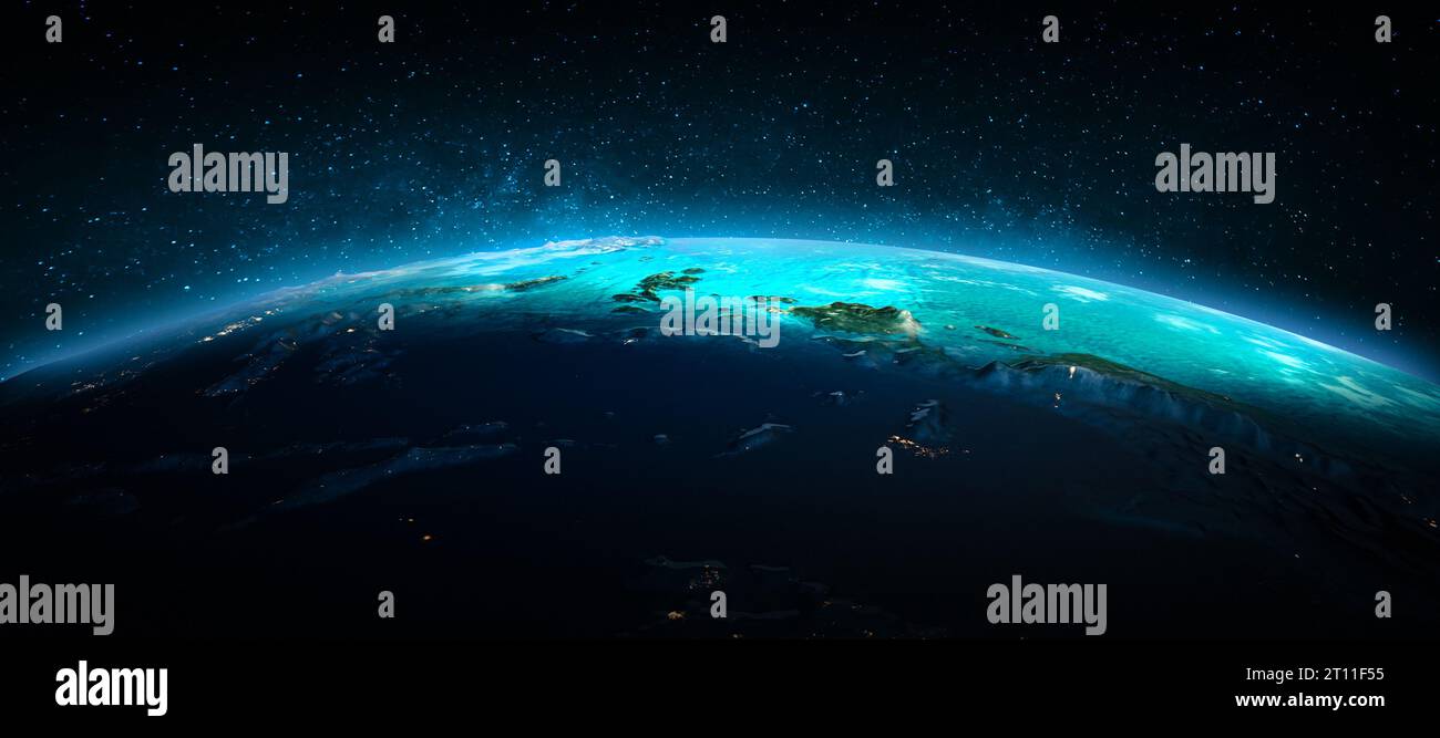 Oceano Pacifico dallo spazio. Elementi di questa immagine forniti dalla NASA. rendering 3d. Foto Stock