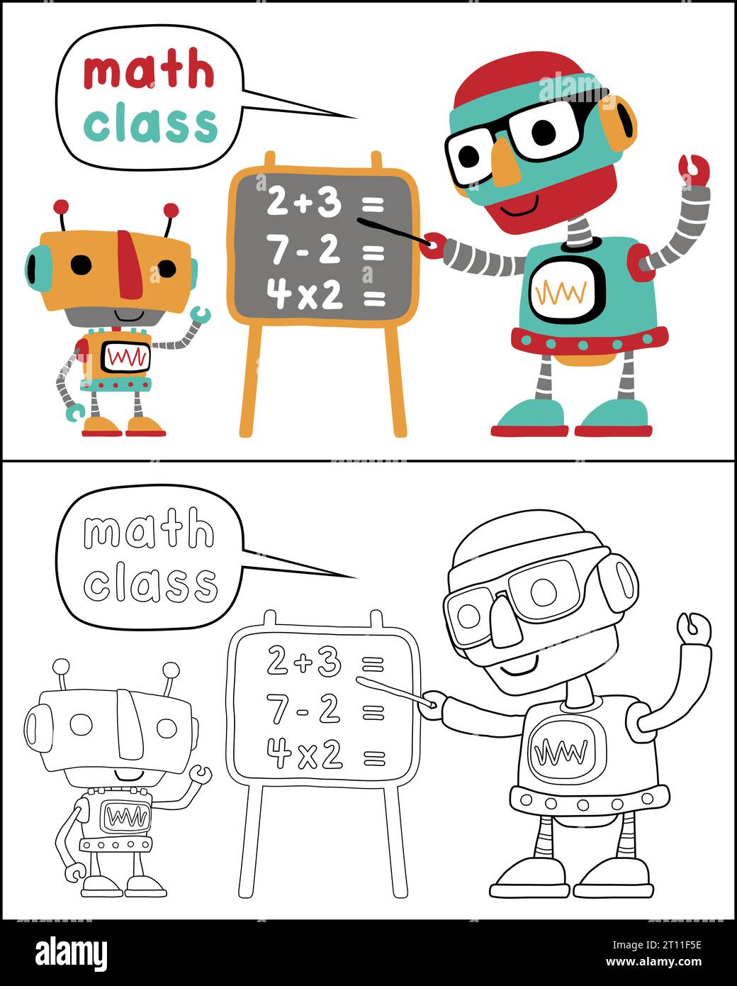 Robot cartoni animati che studiano matematica Illustrazione Vettoriale