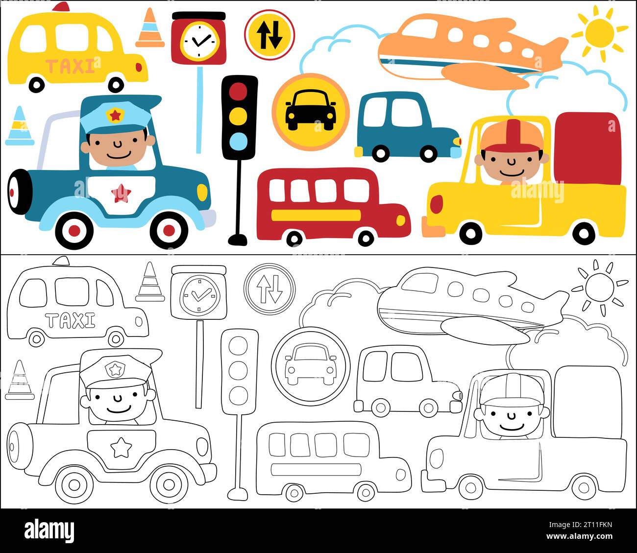 Serie vettoriale di cartoni animati con driver divertente, libro da colorare o pagina Illustrazione Vettoriale