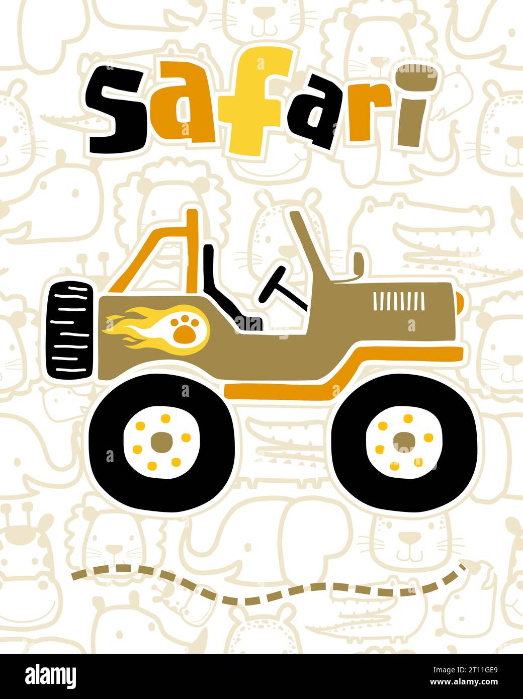 illustrazione vettoriale del cartone animato di un'auto da safari su sfondo di animali senza cuciture Illustrazione Vettoriale