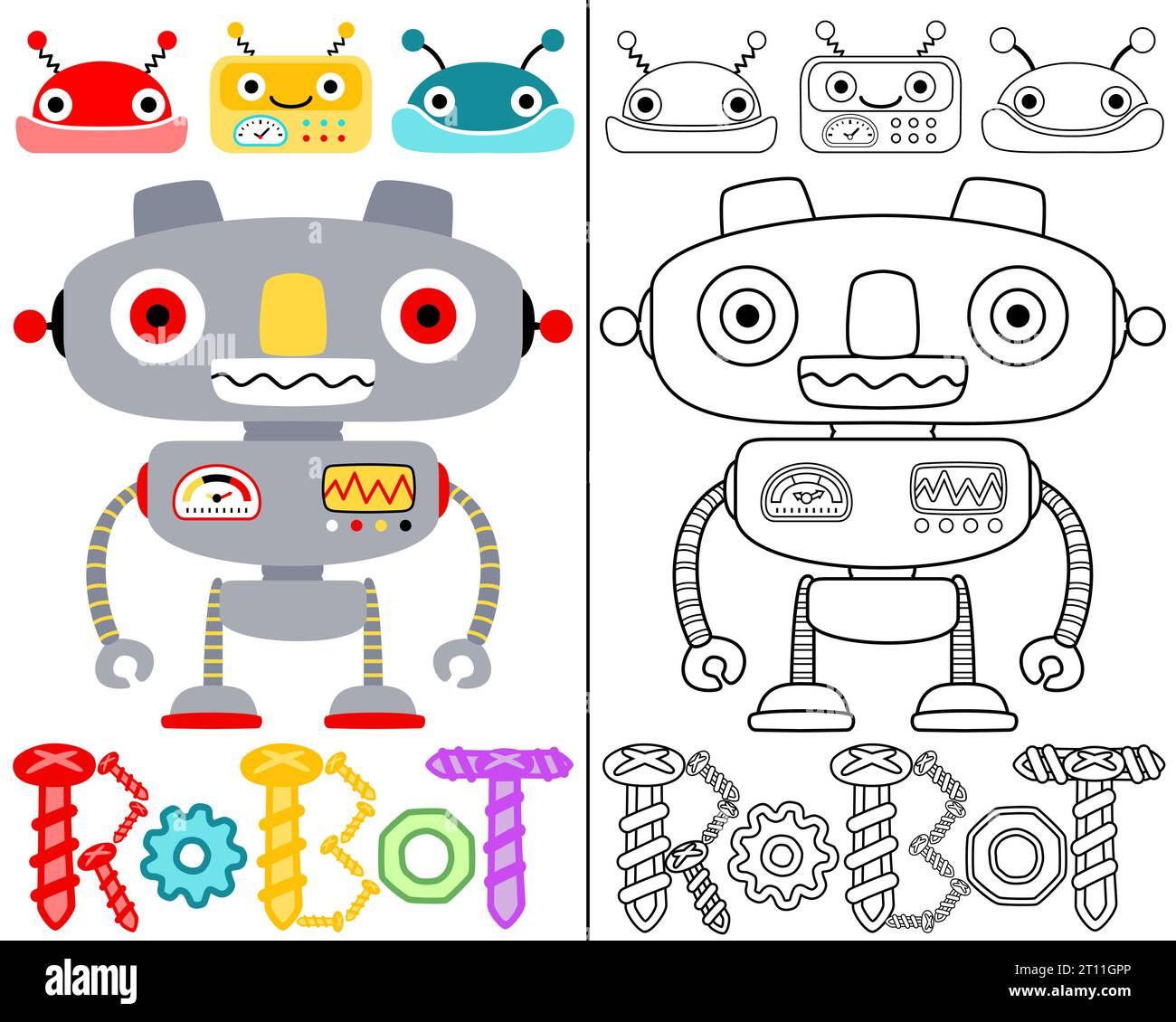 Illustrazione vettoriale di cartoni animati robotici, libri da colorare o pagine Illustrazione Vettoriale