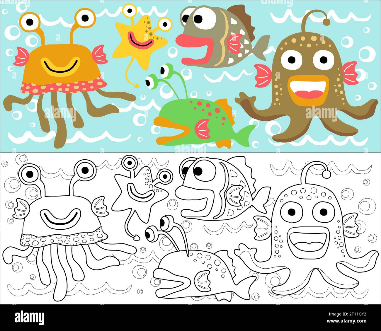 Illustrazione vettoriale di cartoni animati, libri da colorare o pagine di mostri marini Illustrazione Vettoriale