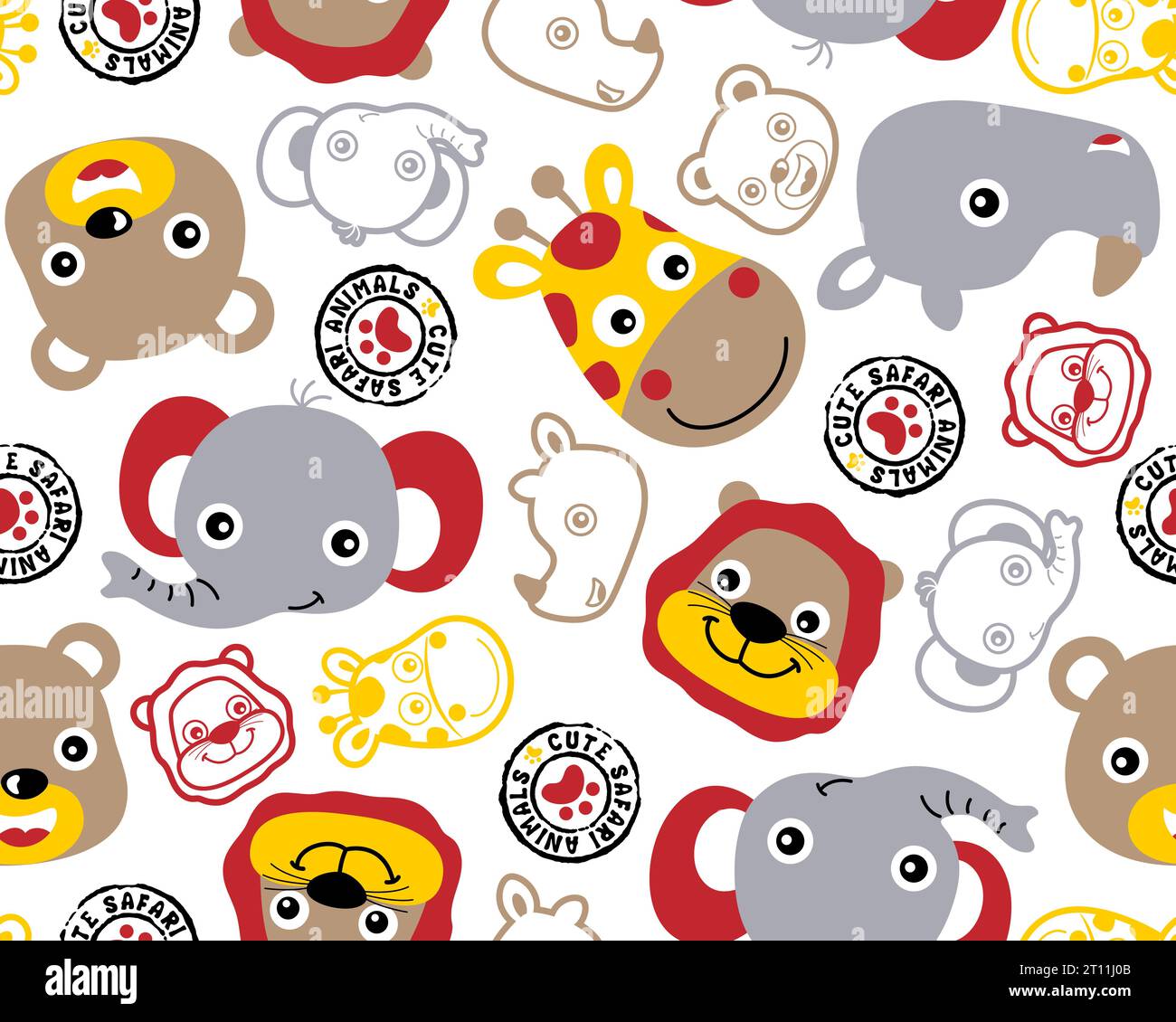 Modello vettoriale senza cuciture con il volto dei cartoni animati degli animali sorridenti. Elefante, rinoceronte, giraffa e orso Illustrazione Vettoriale