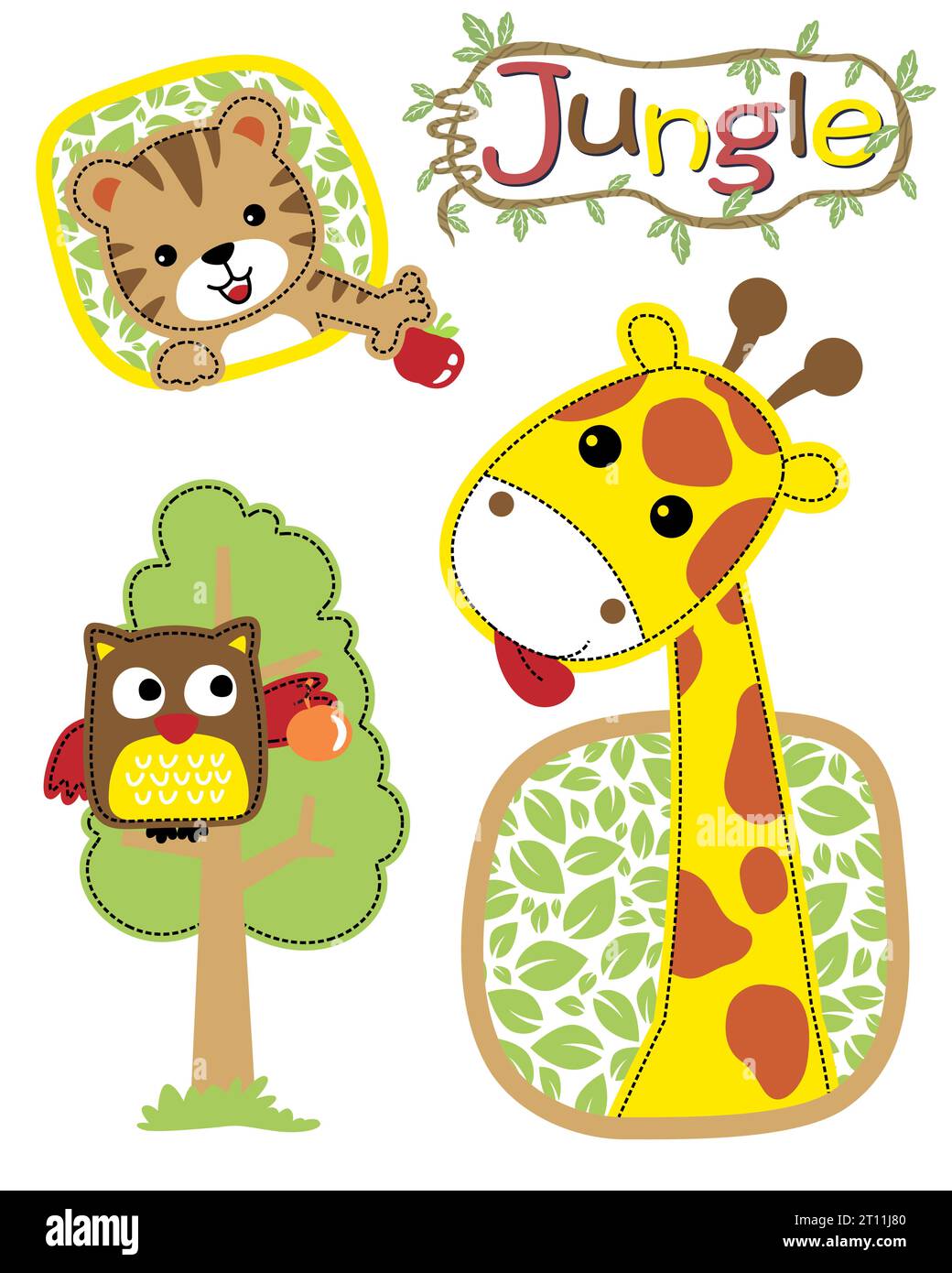Illustrazione vettoriale del cartone animato degli animali della giungla. Giraffa, tigre e gufo arroccati sugli alberi Illustrazione Vettoriale