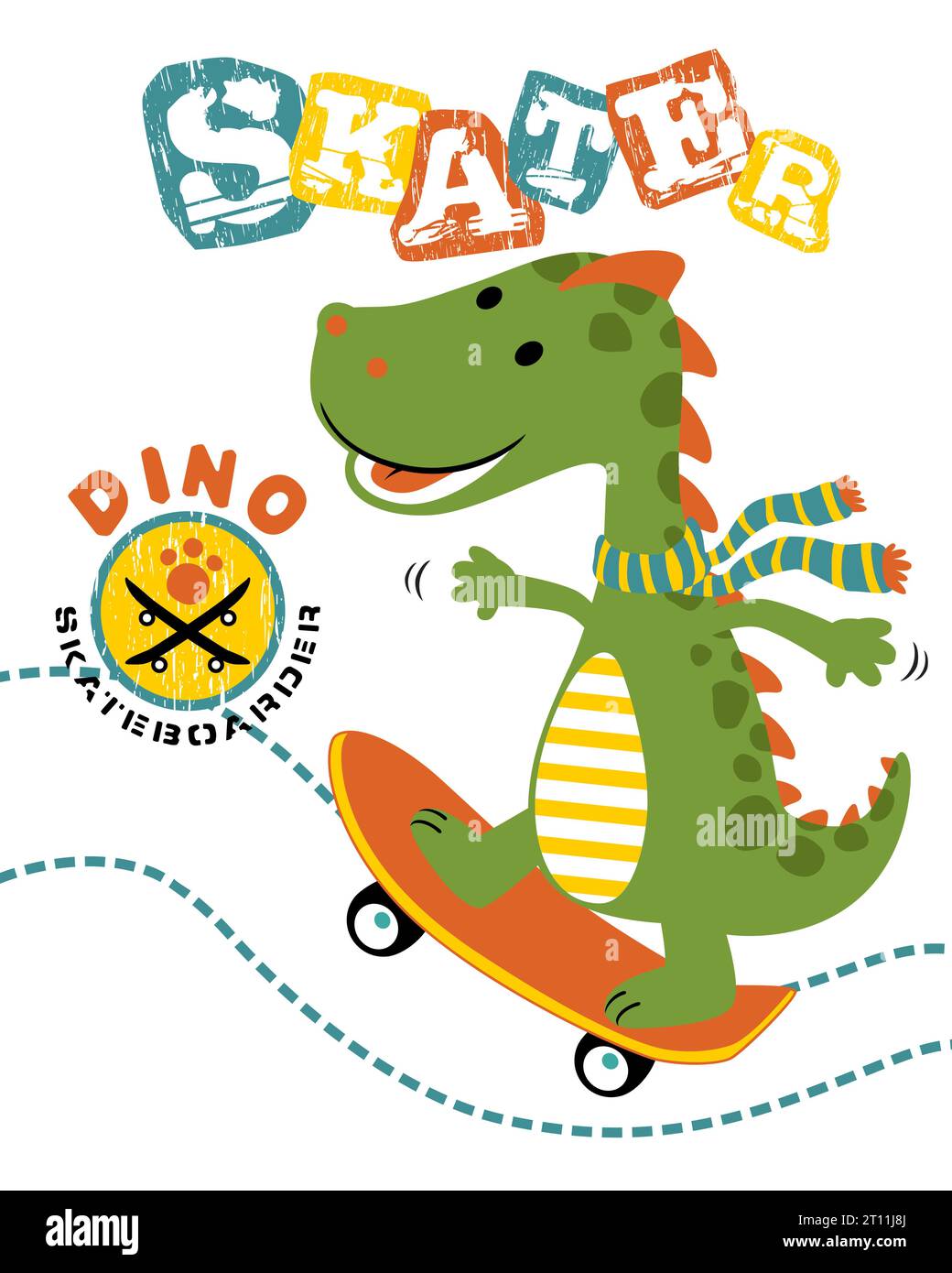Illustrazione vettoriale del cartone animato di dinosauri che gioca con lo skateboard Illustrazione Vettoriale
