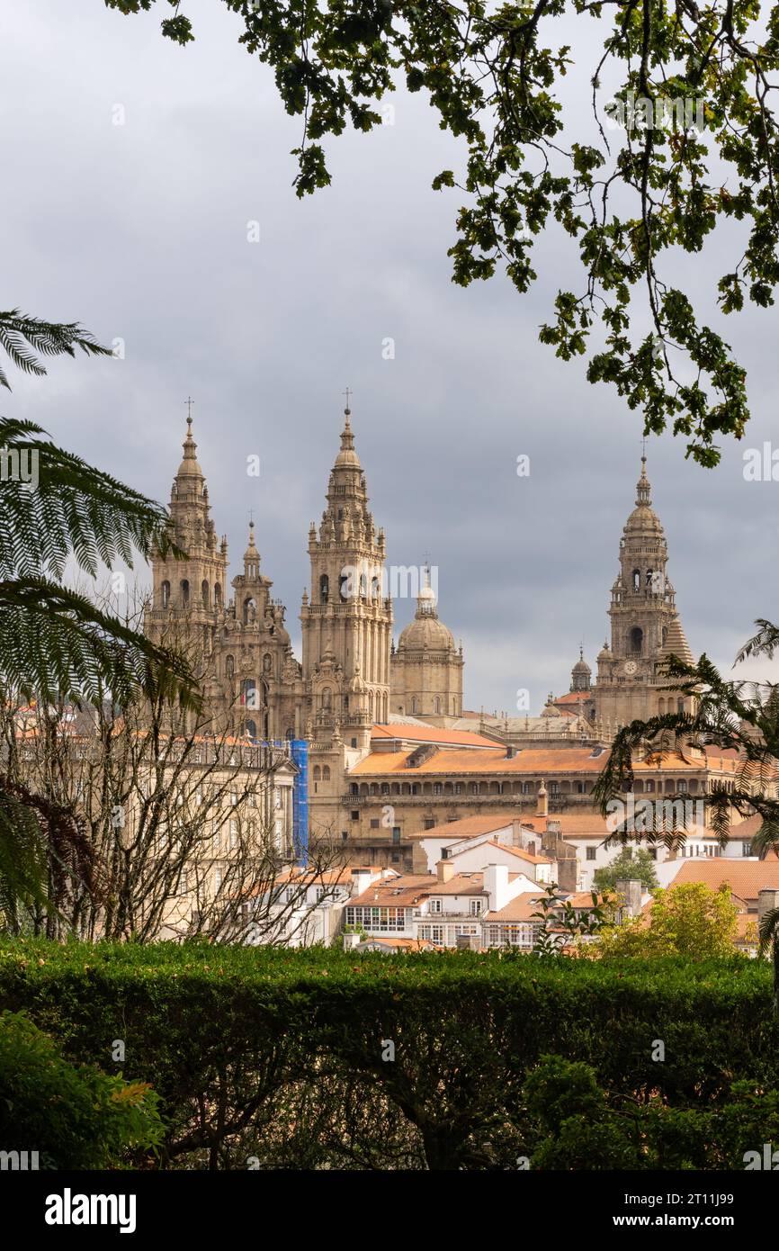 Cattedrale di Santiago de Compostela vista dal Parco Alameda, Santiago de Compostela, A Coruna, Galizia, Spagna Foto Stock