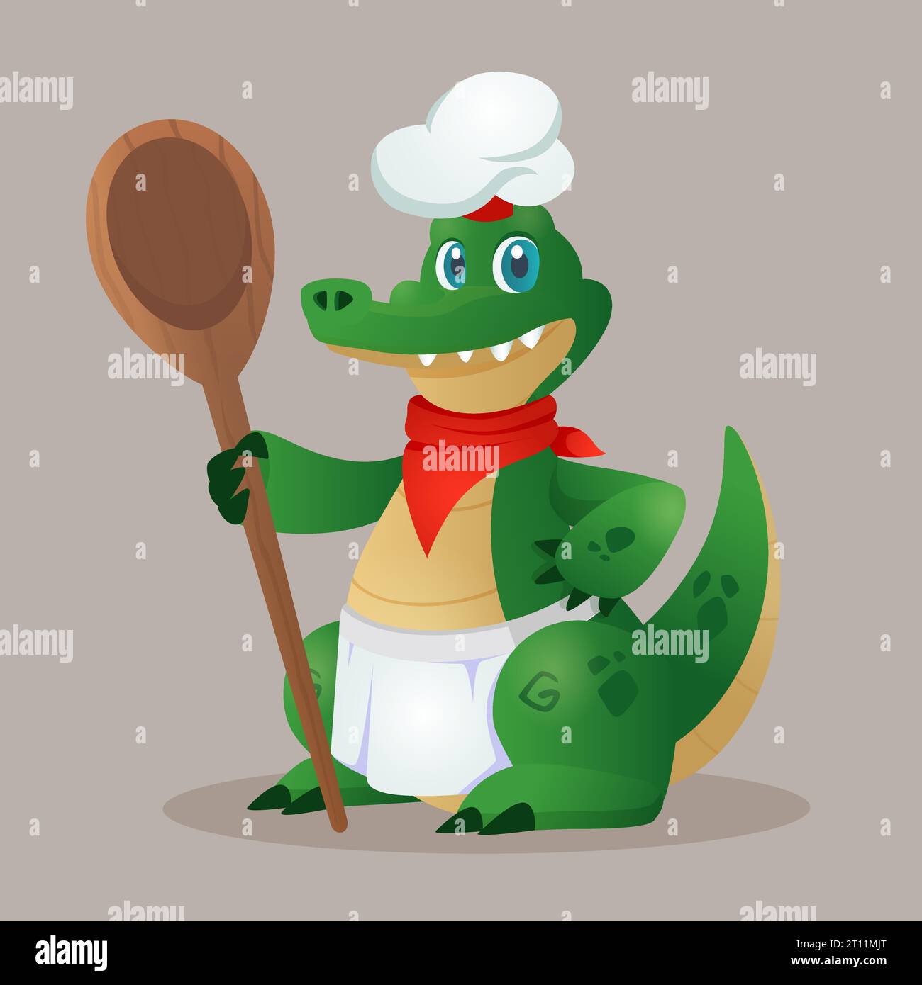 Chef di coccodrilli con grande cucchiaio di wodden. Personaggio vettoriale in cappello da chef e grembiule per il gioco. libri per bambini, istruzione, web o pubblicità Illustrazione Vettoriale