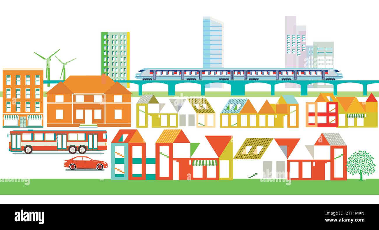 Profilo urbano di una città con traffico stradale e ferroviario, illustrazione Illustrazione Vettoriale