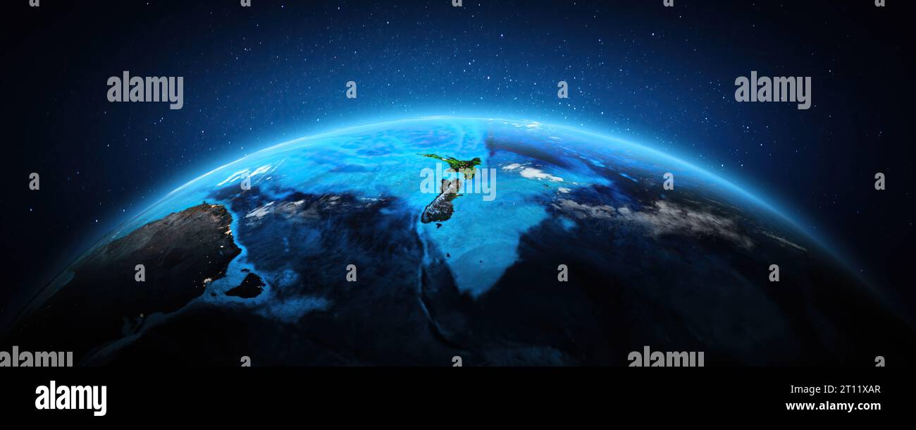 Nuova Zelanda di notte. Elementi di questa immagine forniti dalla NASA. rendering 3d Foto Stock