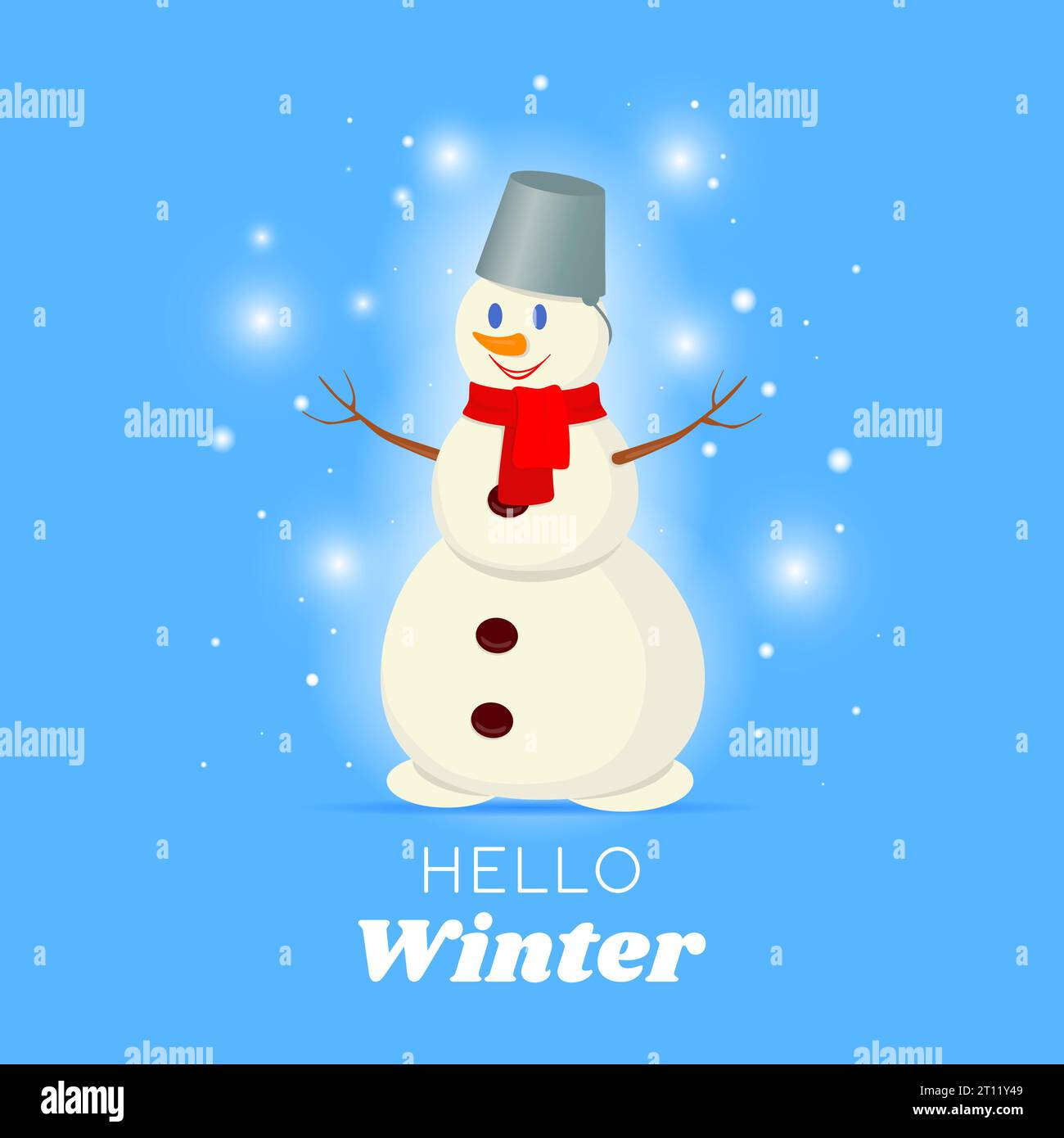 Illustrazione vettoriale. Carta invernale con un simpatico pupazzo di neve in berretto e l'iscrizione "ciao inverno". Modello festivo per poster, banner, biglietti d'auguri, in Illustrazione Vettoriale