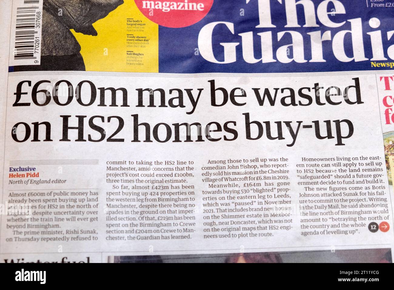 600 milioni di sterline possono essere sprecati in HS2 Homes buy-up' Guardian prima pagina titolo politica trasporti articolo 30 settembre 2023 Gran Bretagna Regno Unito Foto Stock