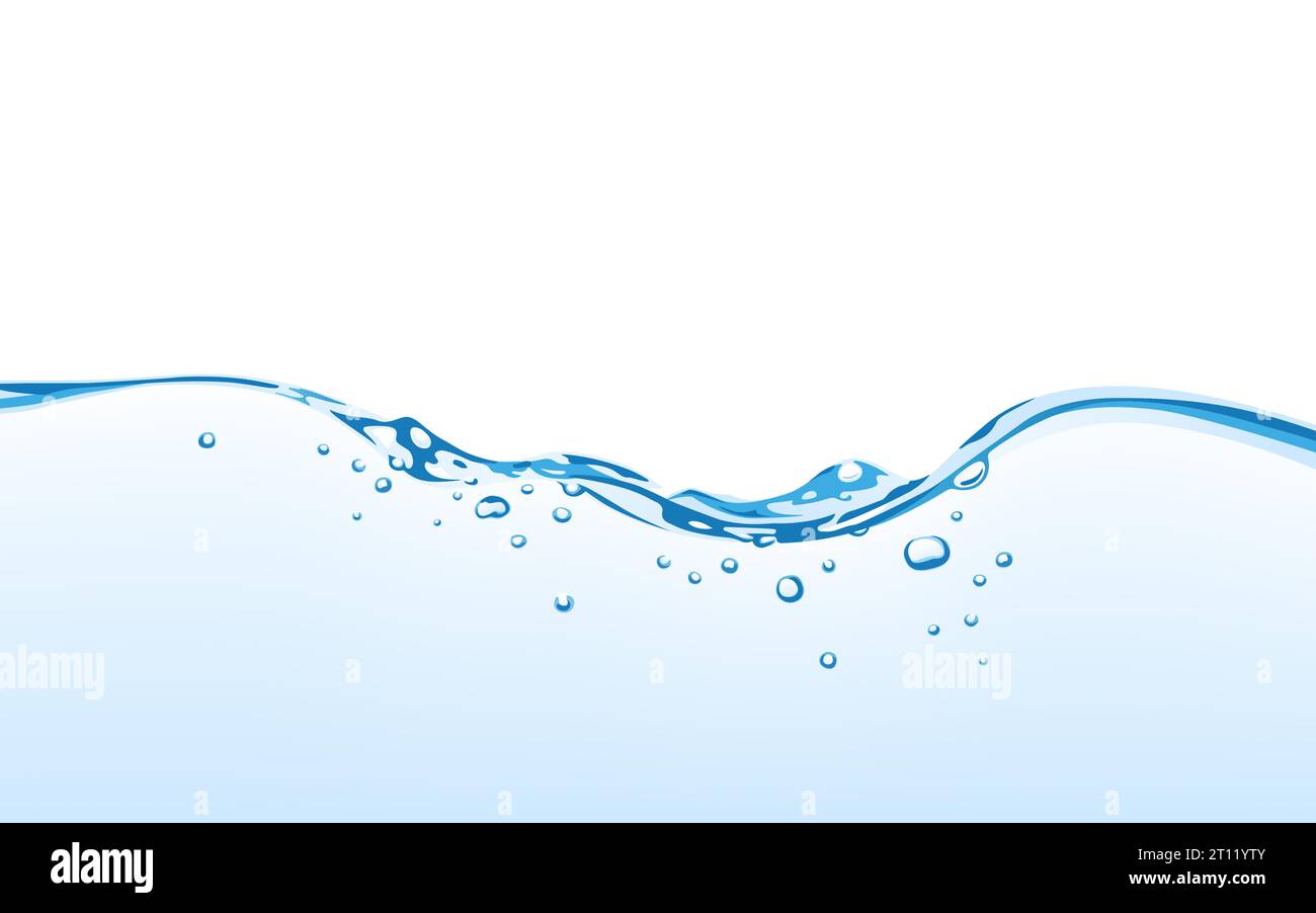 Superficie ondulata d'acqua con bolle d'aria, isolata sullo sfondo bianco. Illustrazione vettoriale dell'onda d'acqua, eps 10. Acqua potabile pulita Illustrazione Vettoriale