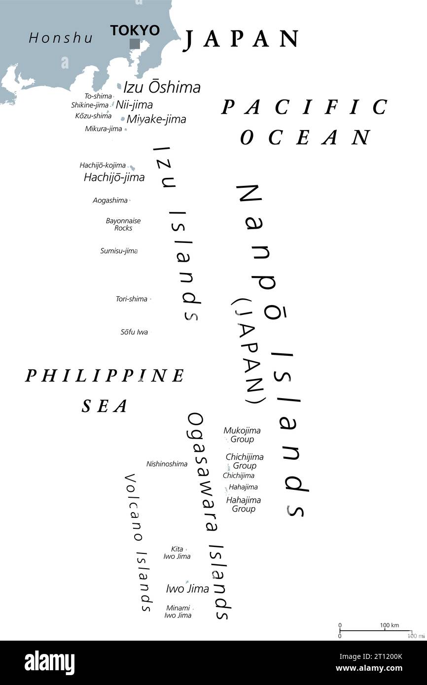 Isole Nanpo, gruppi di isole del Giappone, mappa politica. Isole vulcaniche situate nel Pacifico orientale del Mare delle Filippine, a sud dell'arcipelago giapponese. Foto Stock