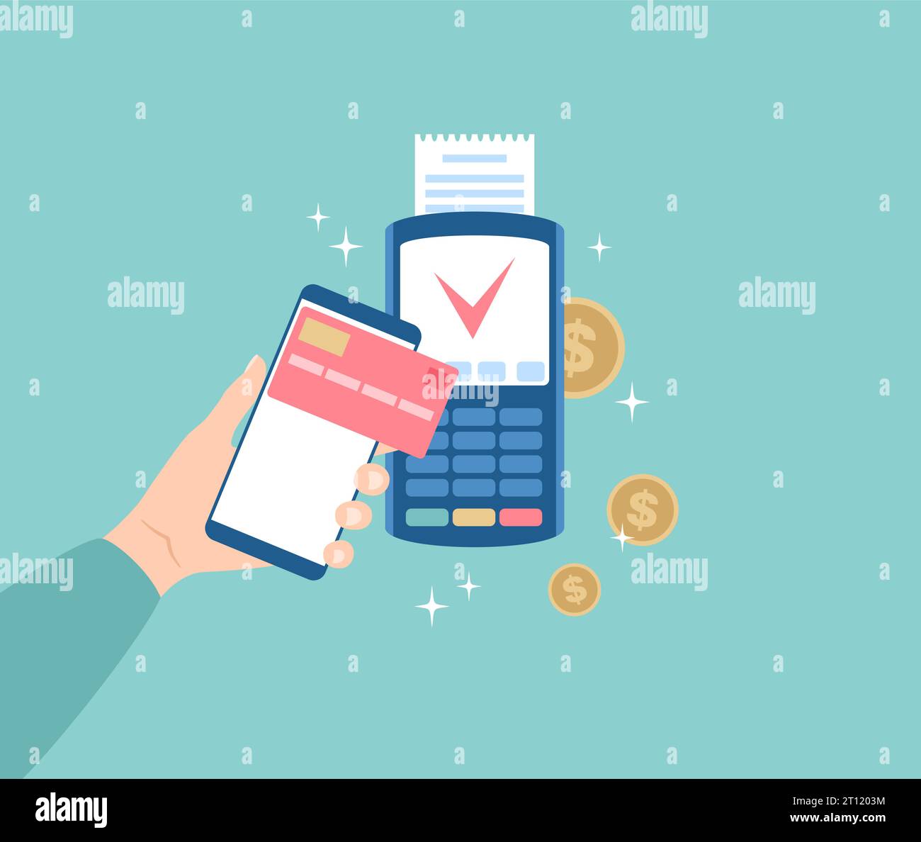 Smartphone che tiene la mano vicino al terminale POS e monete d'oro intorno. Pagamento senza contatto. Illustrazione del vettore piatto Illustrazione Vettoriale