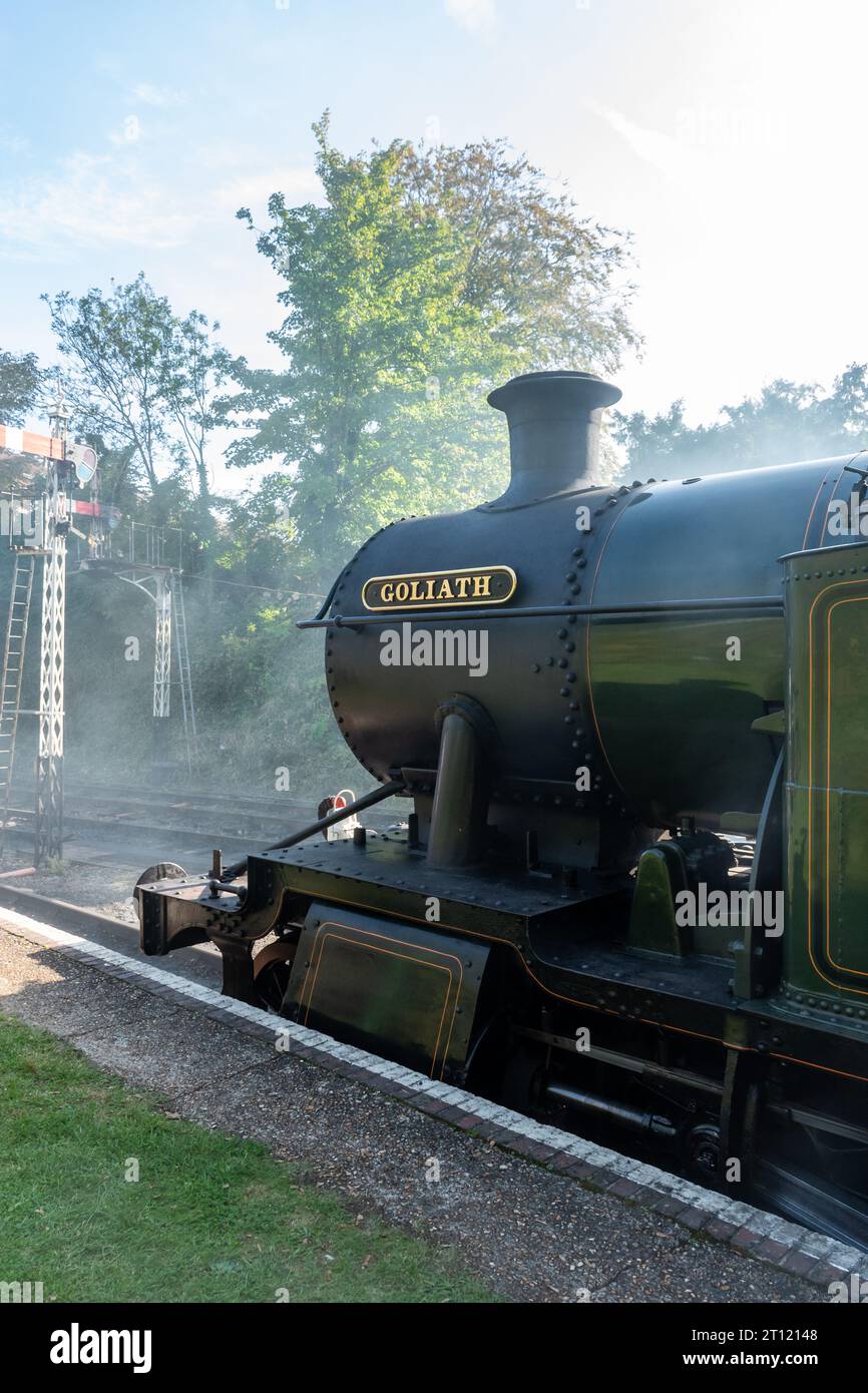 Alresford Station durante il Watercress Line Autumn Steam Gala ottobre 2023, con un treno a vapore chiamato Goliath, Hampshire, Inghilterra, Regno Unito Foto Stock