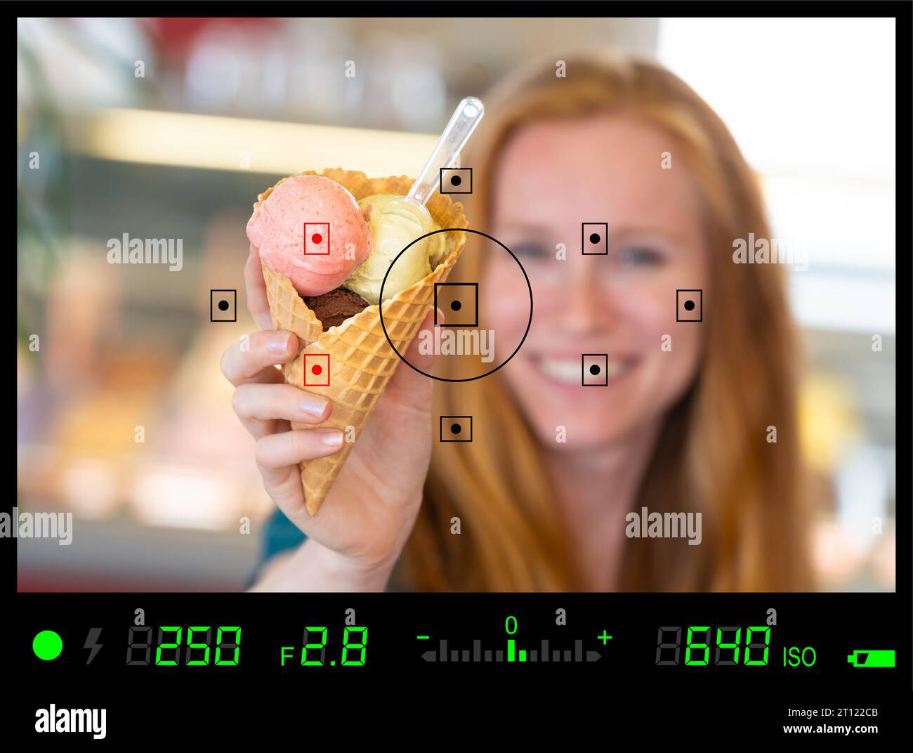Mirino o schermo di una vecchia fotocamera reflex con le informazioni fotografiche Foto Stock