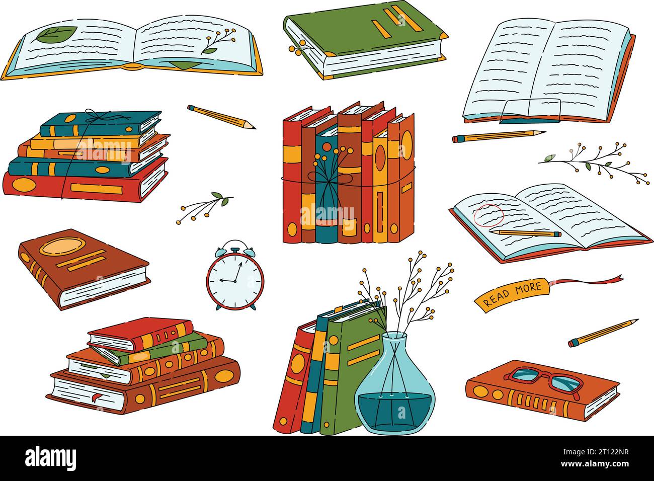 Pile di libri per la lettura, una pila di libri di testo per l'istruzione. Set di documentazione con segnalibri Illustrazione Vettoriale