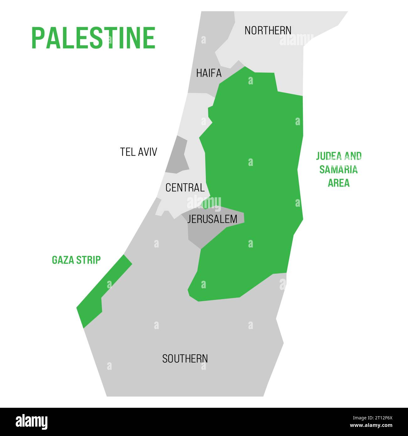 Mappa politica della Palestina evidenziata nella mappa di Israele. Striscia di Gaza di colore verde e area di Giudea e Samaria. Illustrazione vettoriale Illustrazione Vettoriale