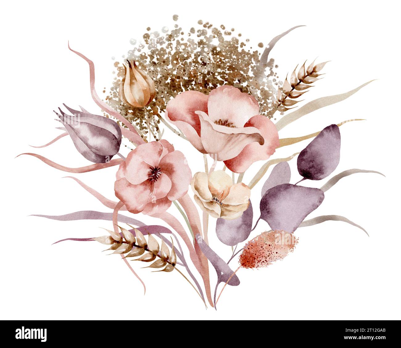 Bouquet di fiori selvatici ad acquerello. Set illustrativo di bouquet floreale di fiori secchi su sfondo bianco disegnato a mano. Foto Stock