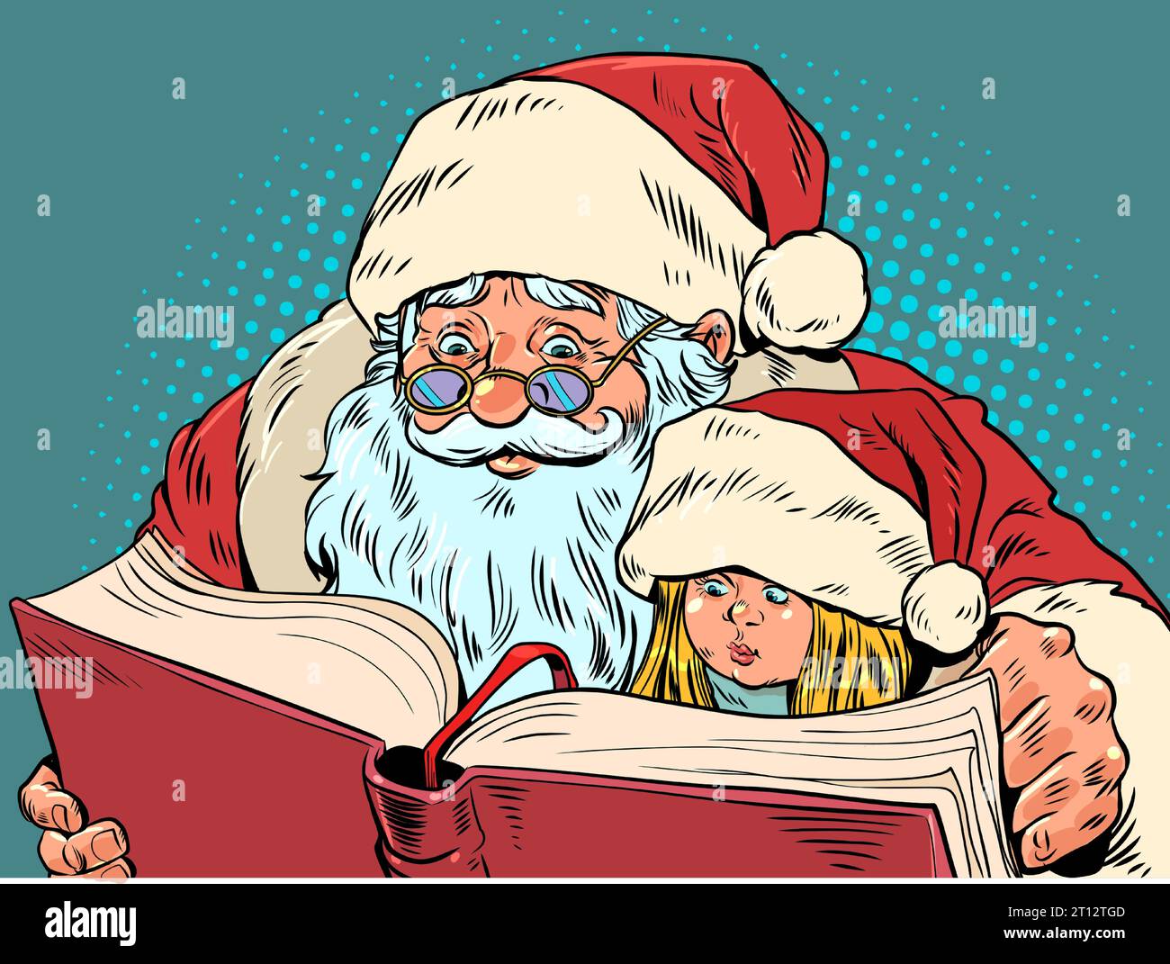Passare il Natale con i propri cari. Babbo Natale sta leggendo un libro a una bambina. Vendite stagionali per librerie e mercati. Pop Art retro Illustrazione Vettoriale