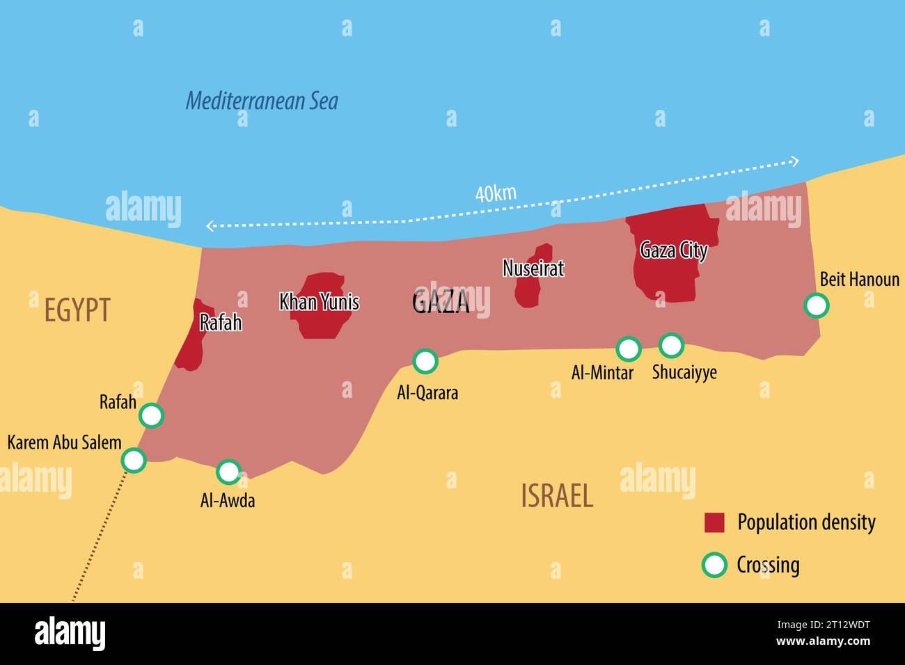 Mappa vettoriale della Striscia di Gaza con le principali città e i valichi di frontiera Illustrazione Vettoriale
