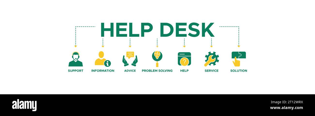 Icona Web banner help desk per l'organizzazione. concetto con icone di supporto, informazioni, consigli, risoluzione dei problemi, aiuto, assistenza e soluzioni. Illustrazione Vettoriale