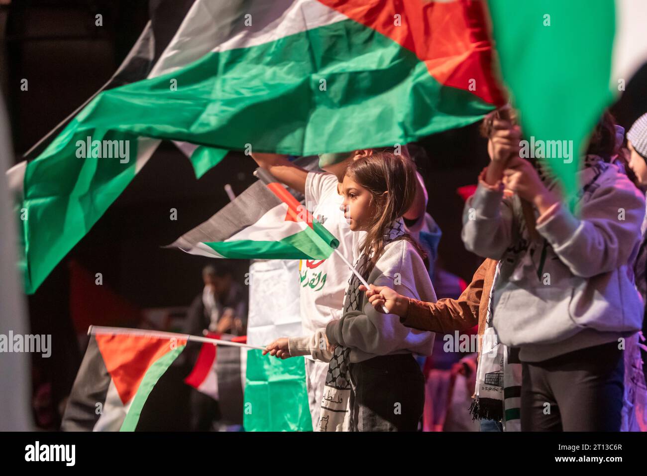 Dearborn, Michigan, USA. 10 ottobre 2023. Gli arabi-americani hanno confezionato un auditorium cittadino per sostenere la Palestina, mentre Israele ha sganciato bombe e si è preparato ad invadere Gaza in rappresaglia per lo sciopero militare di Hamas che ha ucciso centinaia di civili israeliani. Crediti: Jim West/Alamy Live News Foto Stock