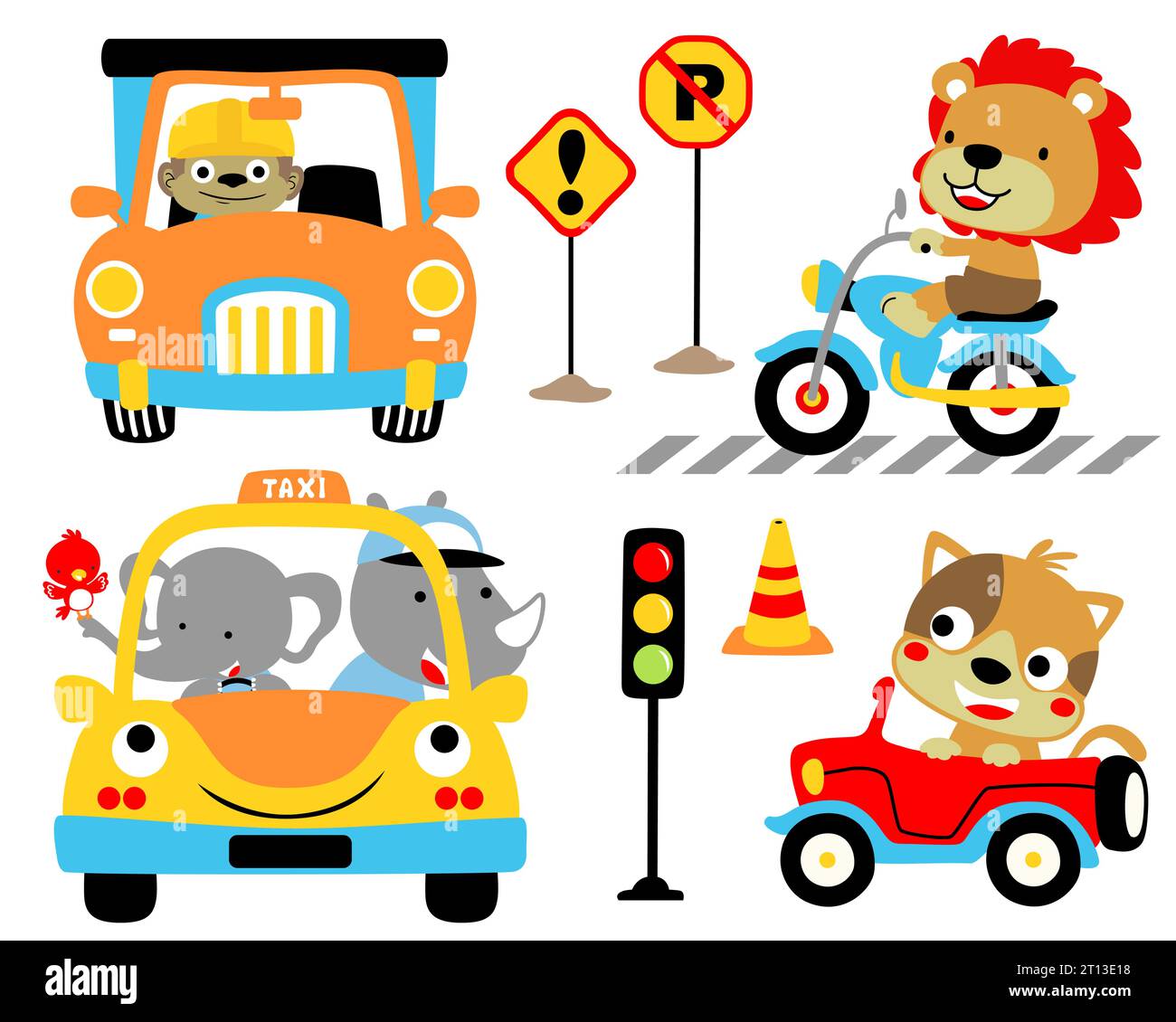 Illustrazione vettoriale di divertenti cartoni animati su veicoli, cartoni animati elementi del traffico Illustrazione Vettoriale