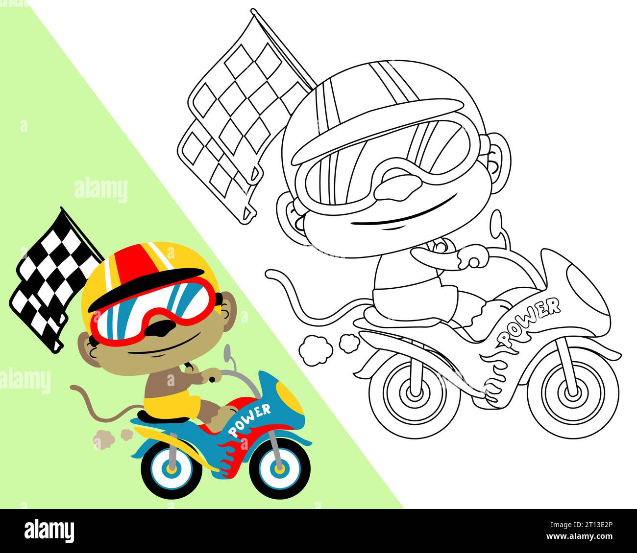 Illustrazione vettoriale del divertente cartone animato scimmia che indossa casco e occhiali da corsa sulla moto mentre porta la bandiera di finitura Illustrazione Vettoriale