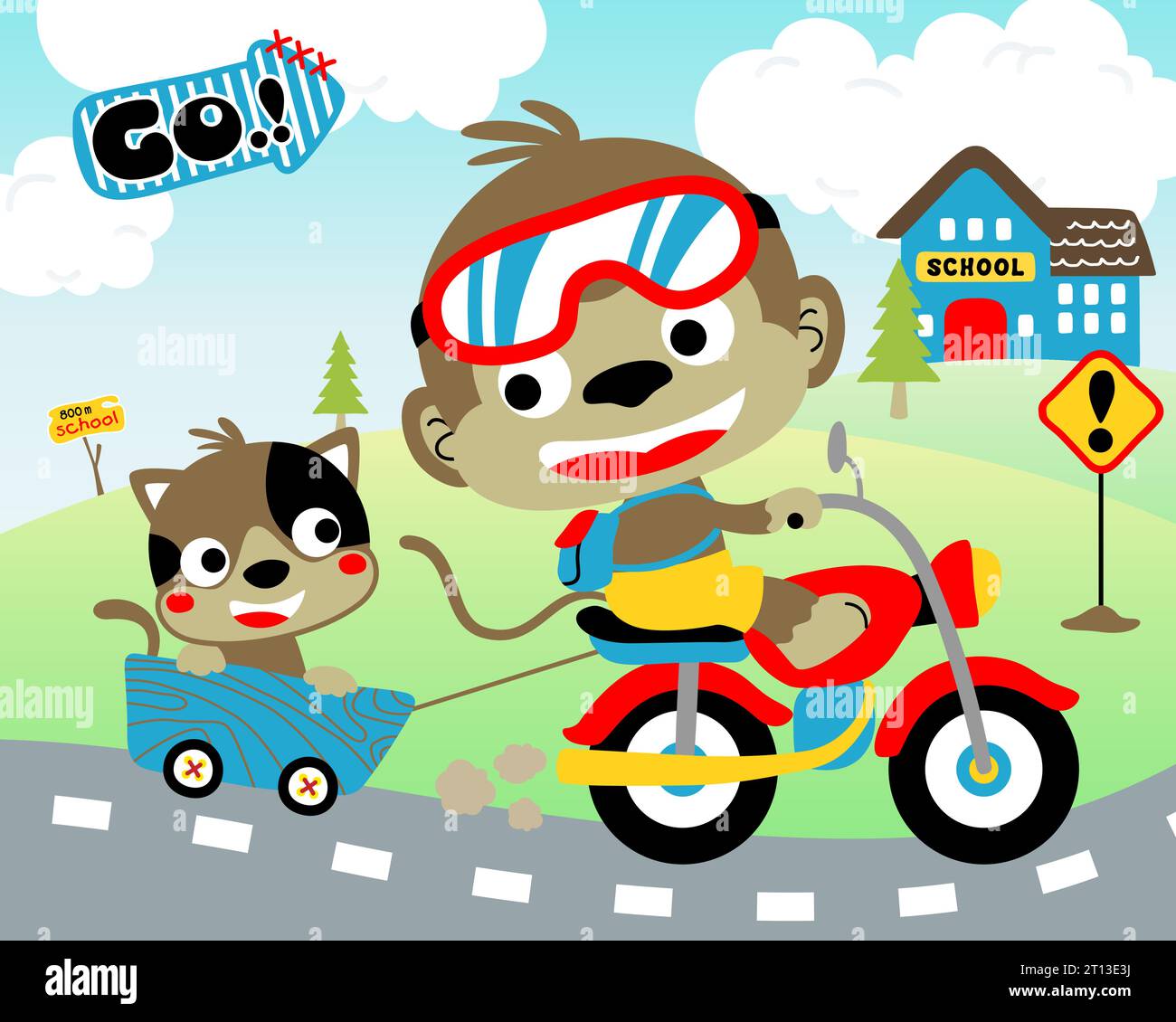 Cartoni animati con una simpatica scimmia in moto mentre tira il gatto nel carrello sullo sfondo del paesaggio Illustrazione Vettoriale