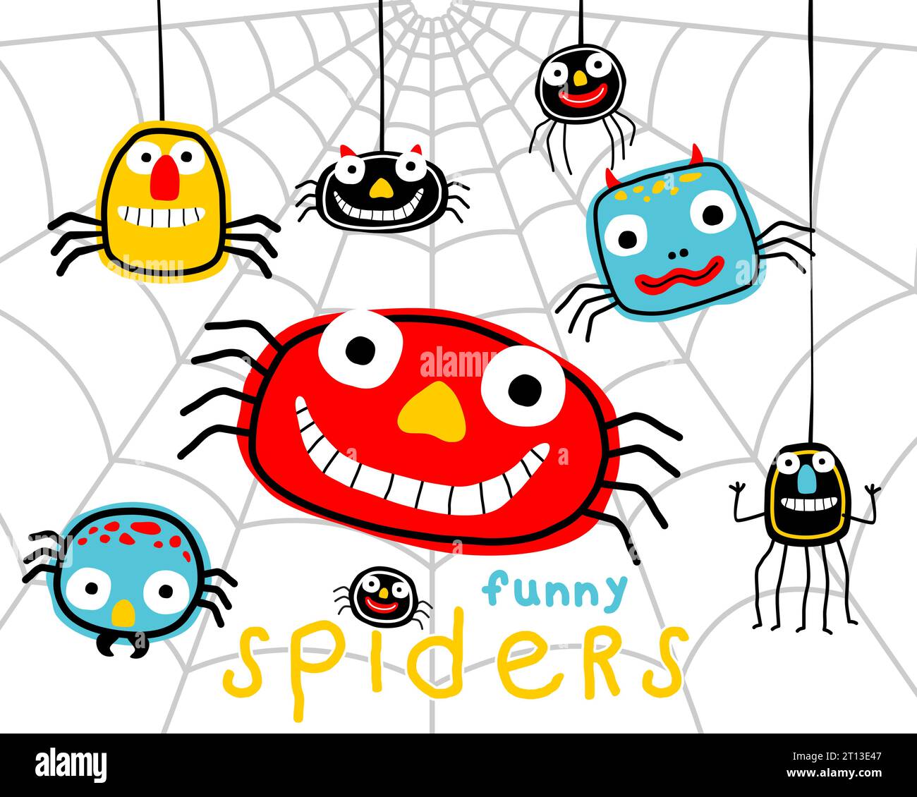 Divertente e colorato cartone animato ragni in ragnatela. Illustrazione di cartoni animati vettoriali Illustrazione Vettoriale