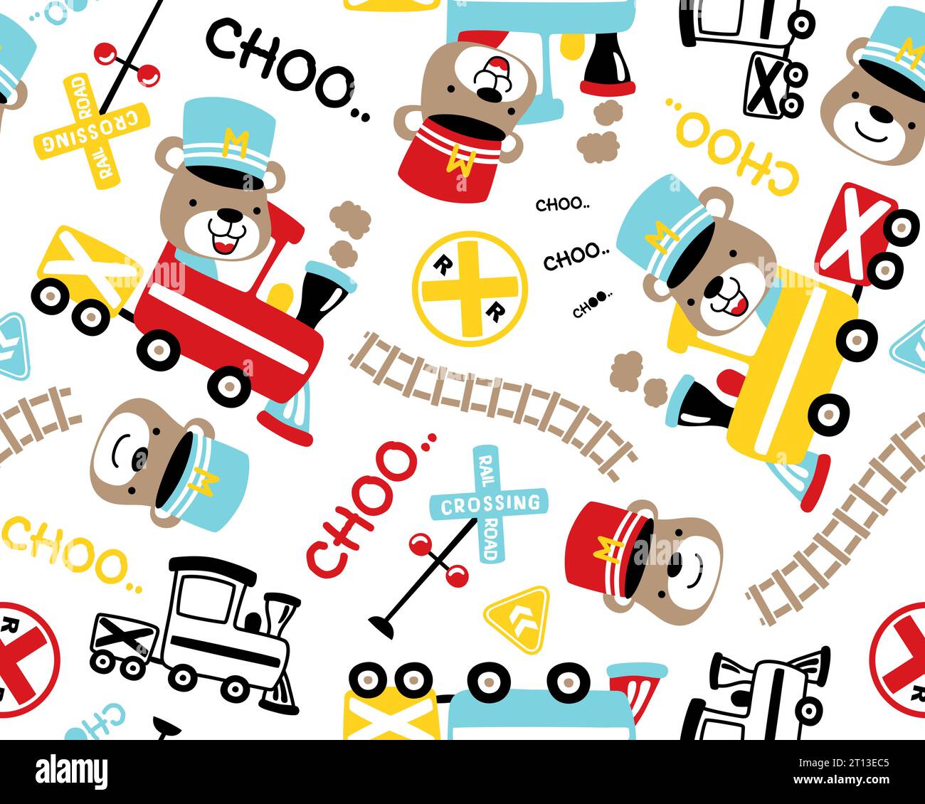 Cartoni animati con motivo vettoriale di elementi del treno a vapore con divertente orso il macchinista Illustrazione Vettoriale