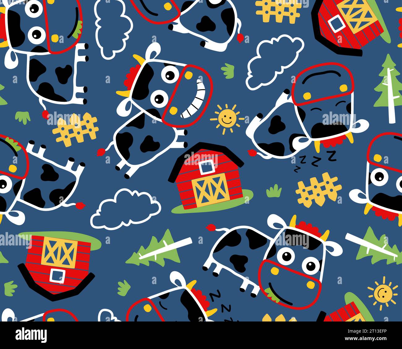 vettore di pattern senza interruzioni con cartoni animati di elementi farm. Mucca, fienile, albero, recinzione. Illustrazione Vettoriale