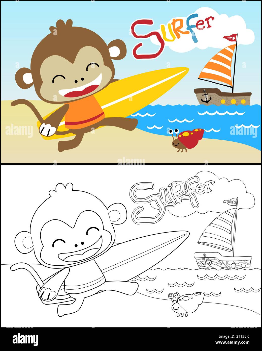 Illustrazione di cartoni animati vettoriali di una scimmia che trasporta tavole da surf in spiaggia con granchio eremita e barca a vela, libro da colorare o pagina Illustrazione Vettoriale
