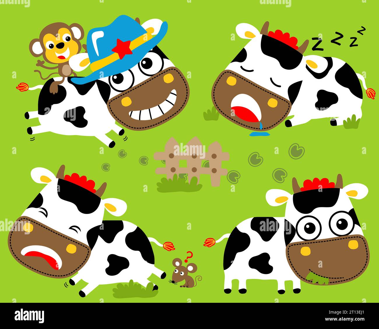 Set vettoriale di simpatici cartoni animati di mucca con scimmia e ratto in diverse attività, cartoni animati con elementi agricoli Illustrazione Vettoriale
