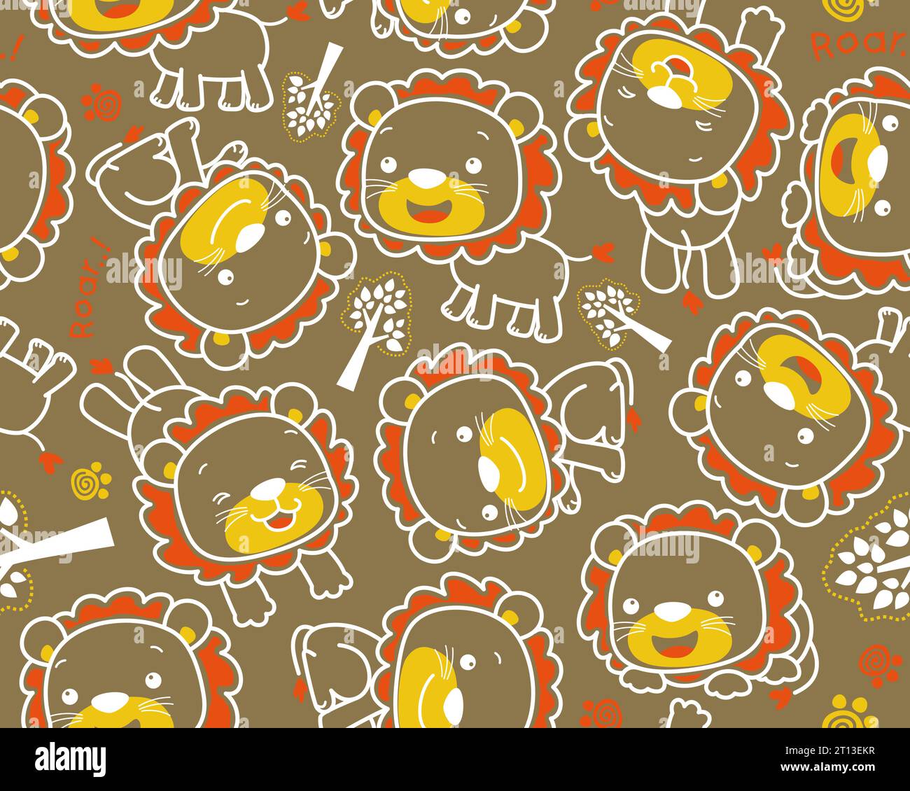 pattern vettoriale di simpatici cartoni animati di leoni nel concetto di contorno, alberi e percorsi animali Illustrazione Vettoriale