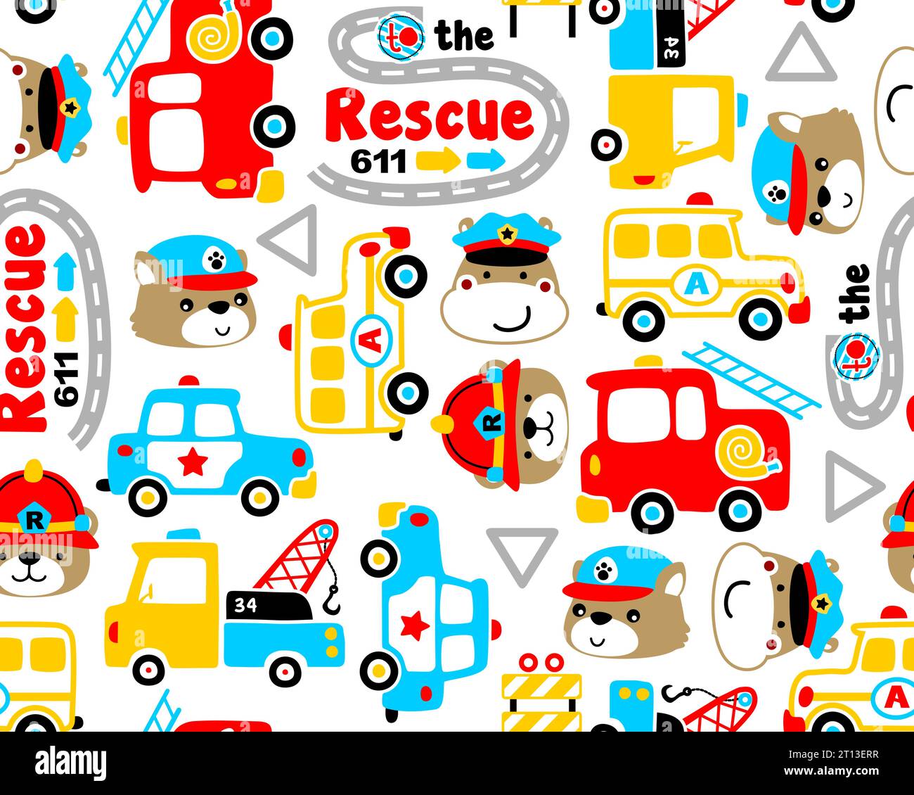 Cartoni animati con pattern vettoriali di elementi di traffico con simpatici animali che sorridono il volto Illustrazione Vettoriale