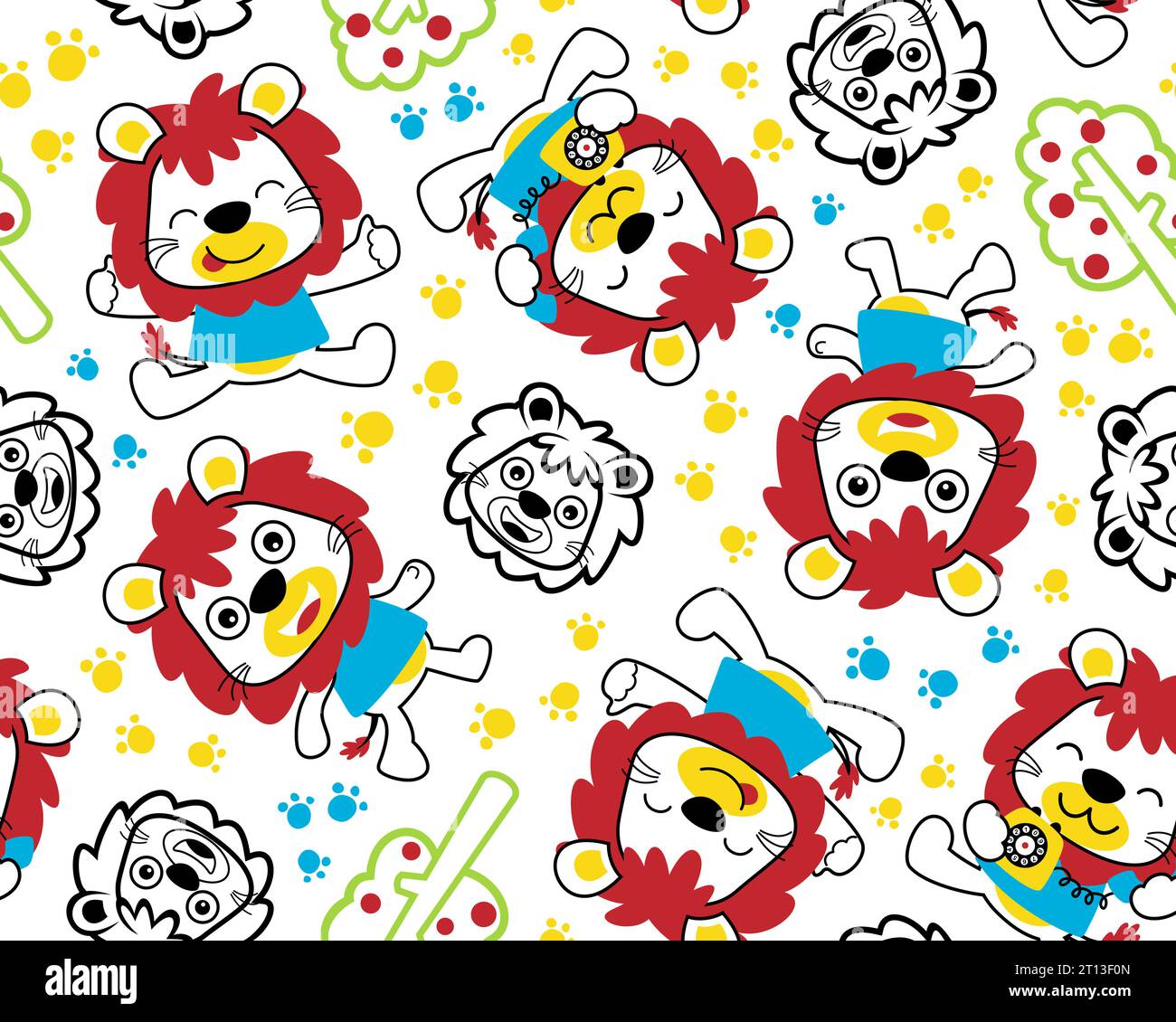 Vettoriale di pattern senza cuciture con cartoni animati, tracce e alberi di leone Illustrazione Vettoriale
