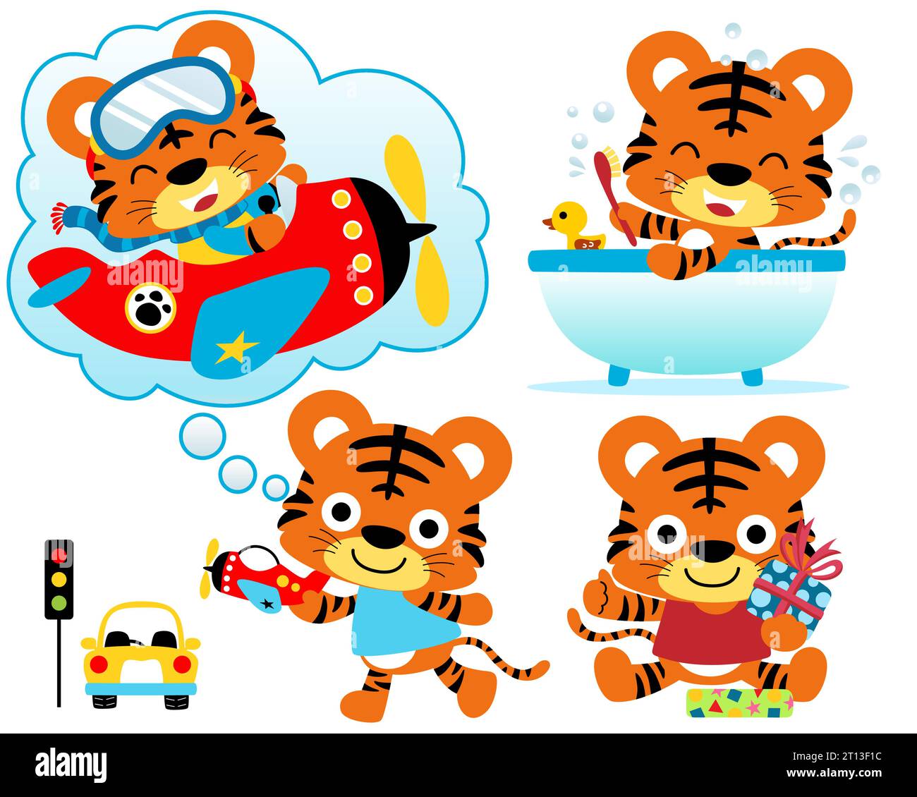 Serie di illustrazioni vettoriali di cartoni animati Little Tiger in diverse attività Illustrazione Vettoriale