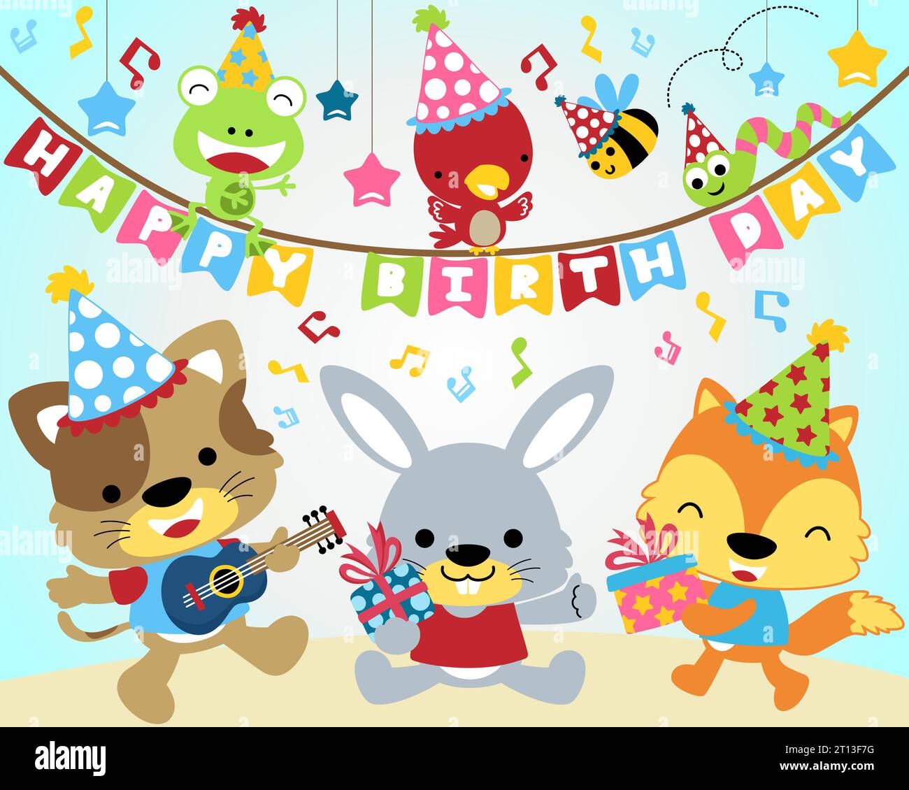 Divertente vettore di cartoni animati per la festa di compleanno. Cartoni animati elementi compleanno Illustrazione Vettoriale