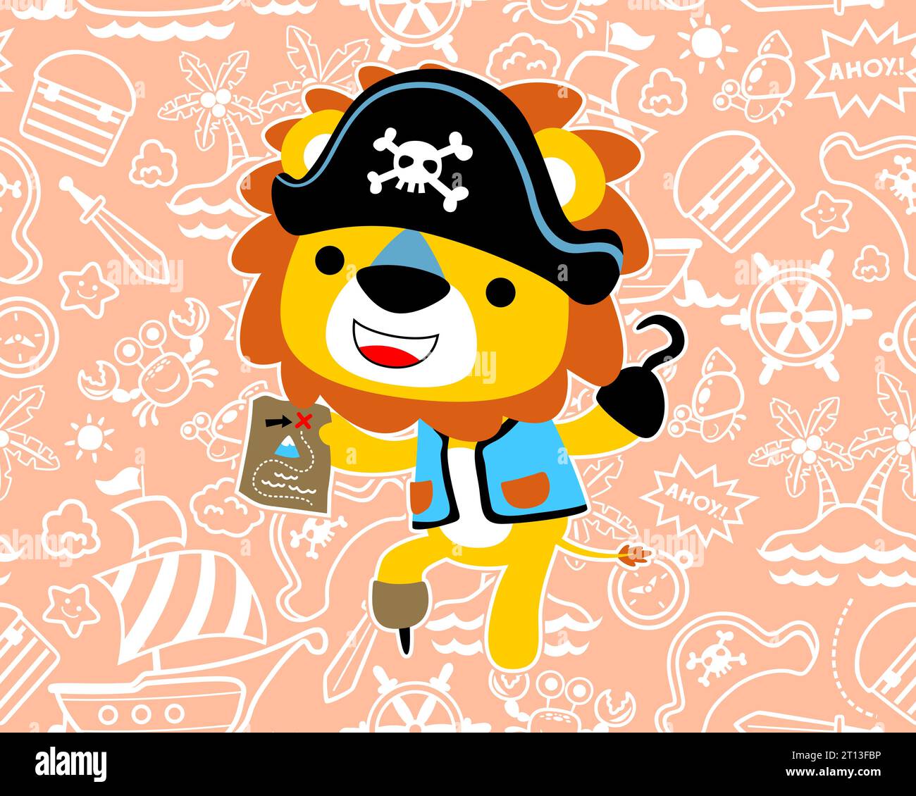 Cartoni animati vettoriali di leone in costume pirata con mappa del tesoro su sfondo di elementi di navigazione senza cuciture Illustrazione Vettoriale