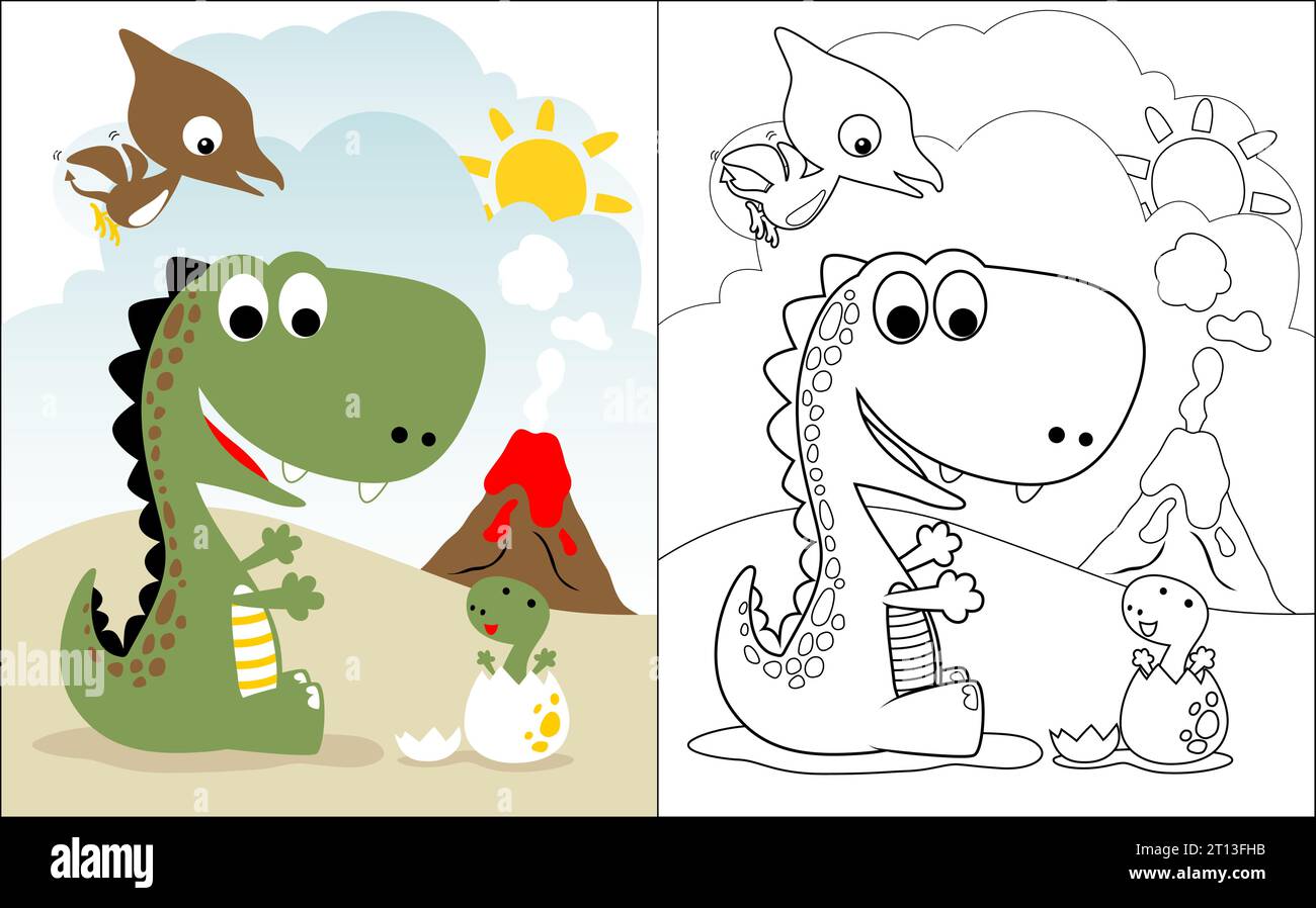 libro da colorare vettoriale di cartoni animati dinosauri su sfondo vulcano e cielo blu Illustrazione Vettoriale