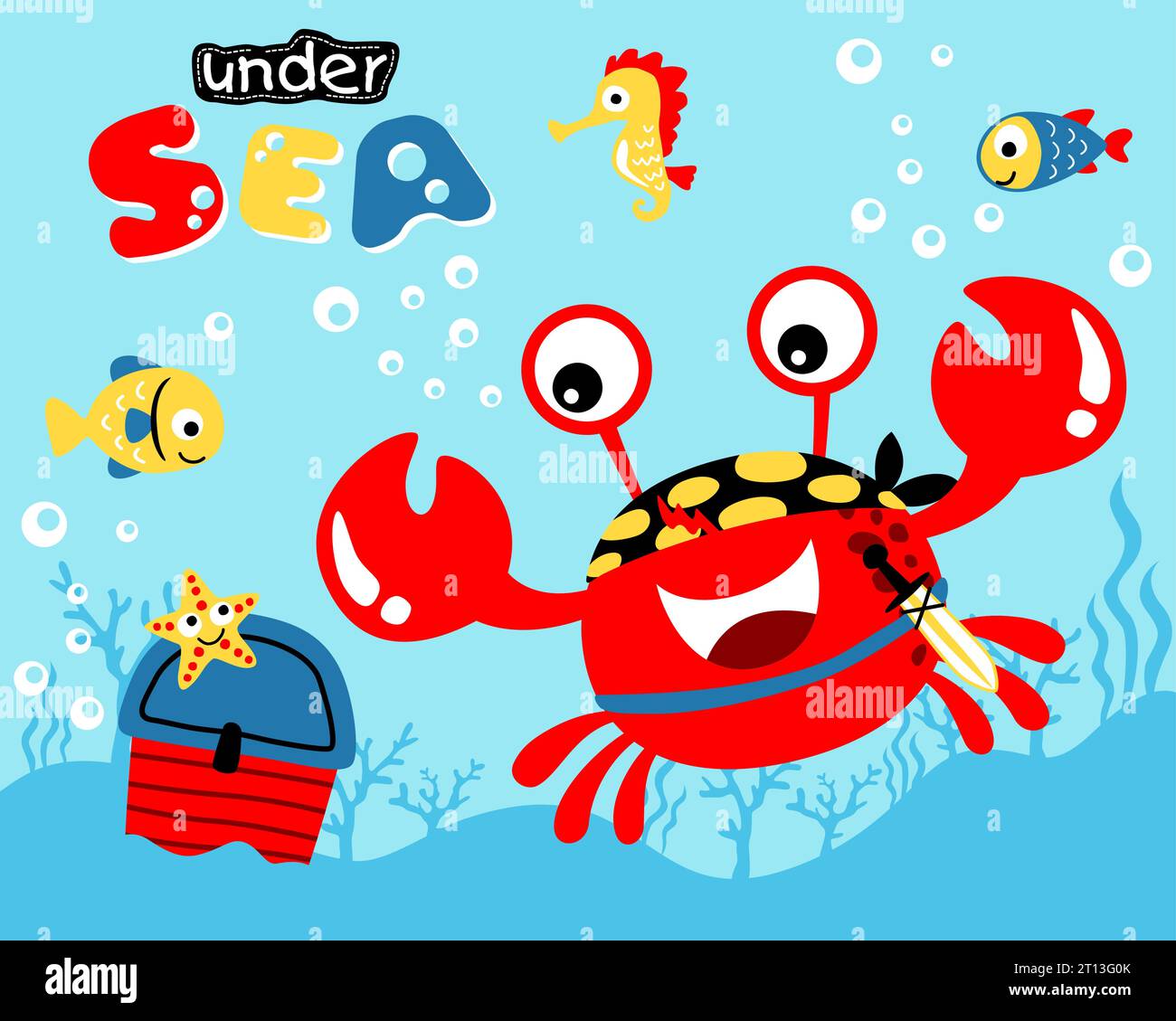 Illustrazione vettoriale del buffo granchio in costume da pirata con animali marini che trovano tesori sottomarini Illustrazione Vettoriale