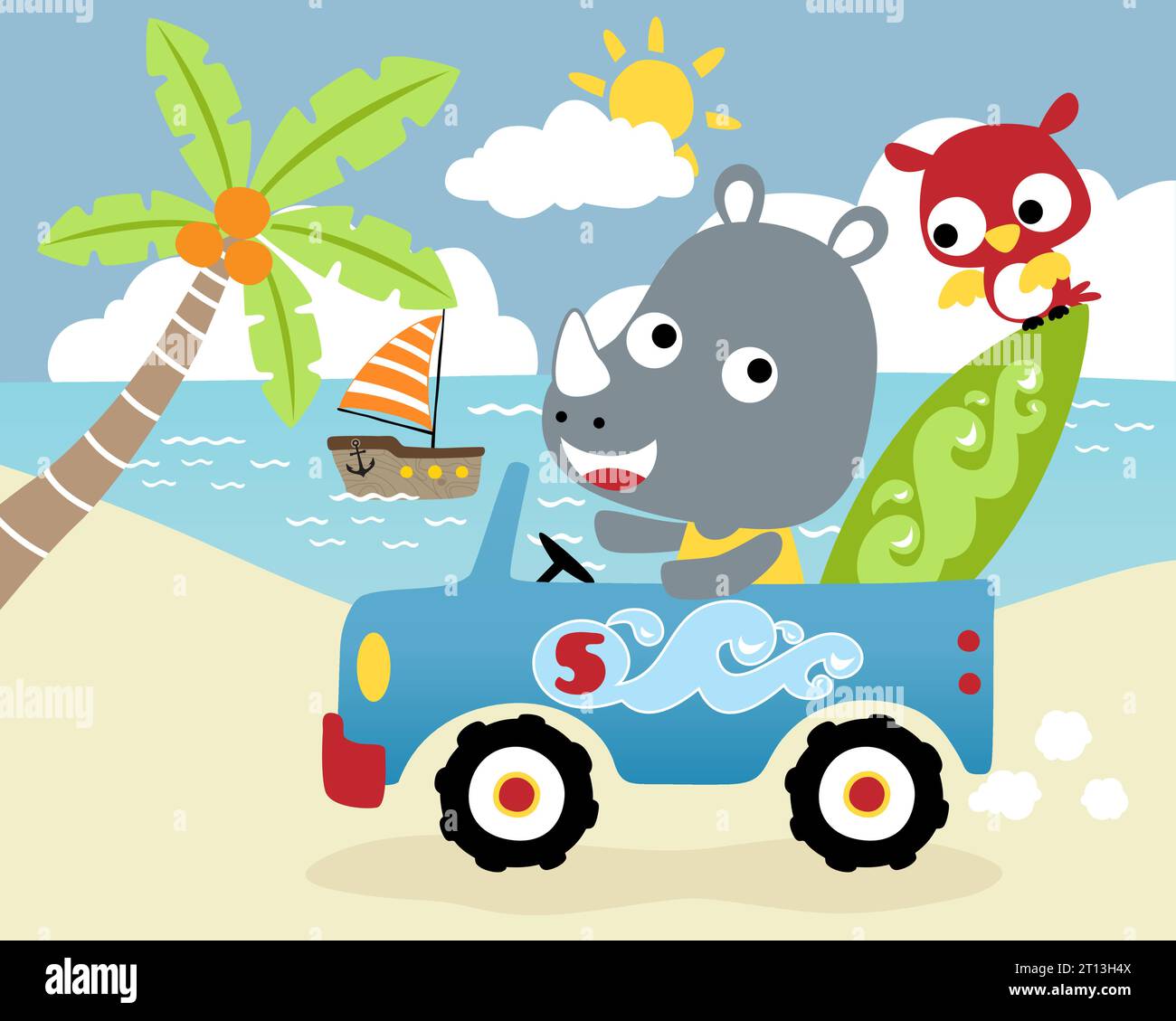 Illustrazione vettoriale di rinoceronte con gufo in auto in spiaggia Illustrazione Vettoriale