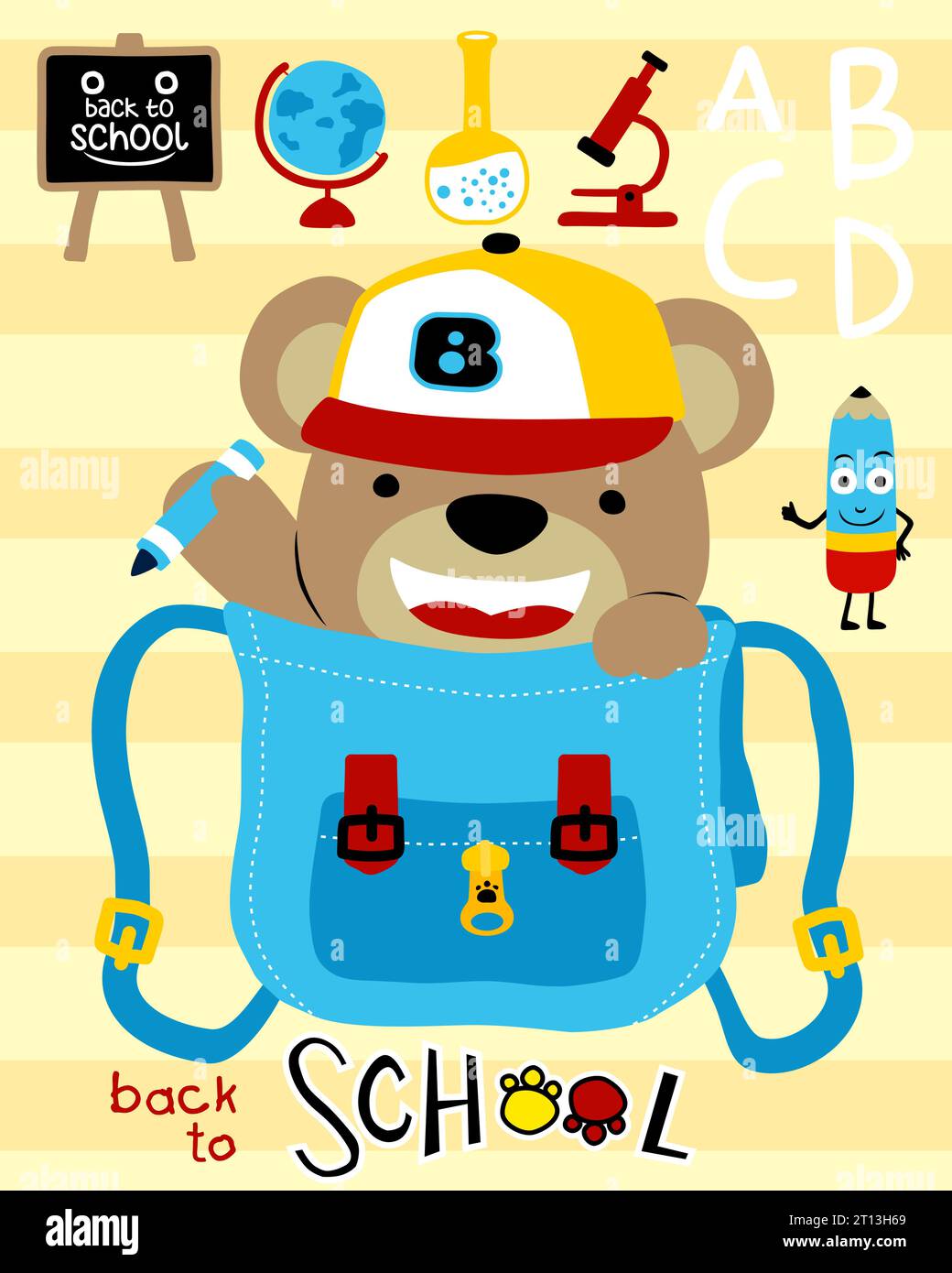 Carino cartone animato con cappello in borsa con materiale scolastico Illustrazione Vettoriale