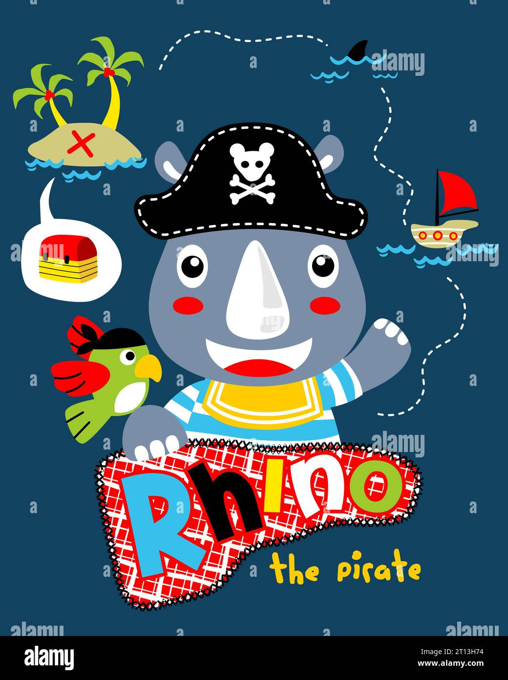 Illustrazione vettoriale del cartone animato di rinoceronte in costume pirata con elementi pirati a vela Illustrazione Vettoriale