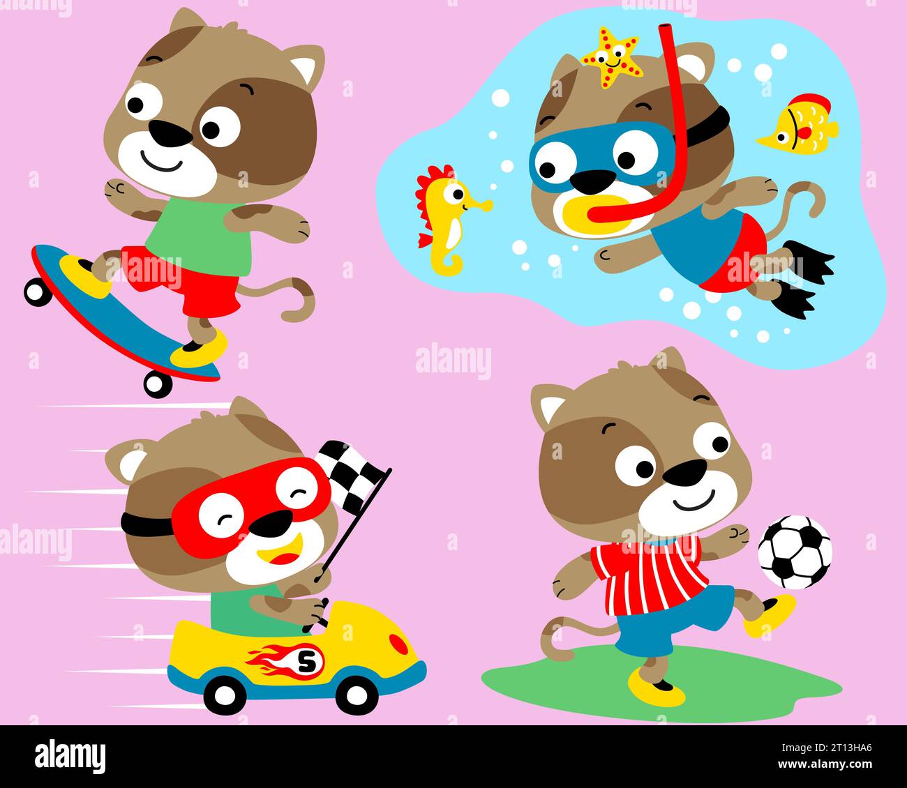 Set vettoriale di cartoni animati gattini in diverse attività sportive Illustrazione Vettoriale
