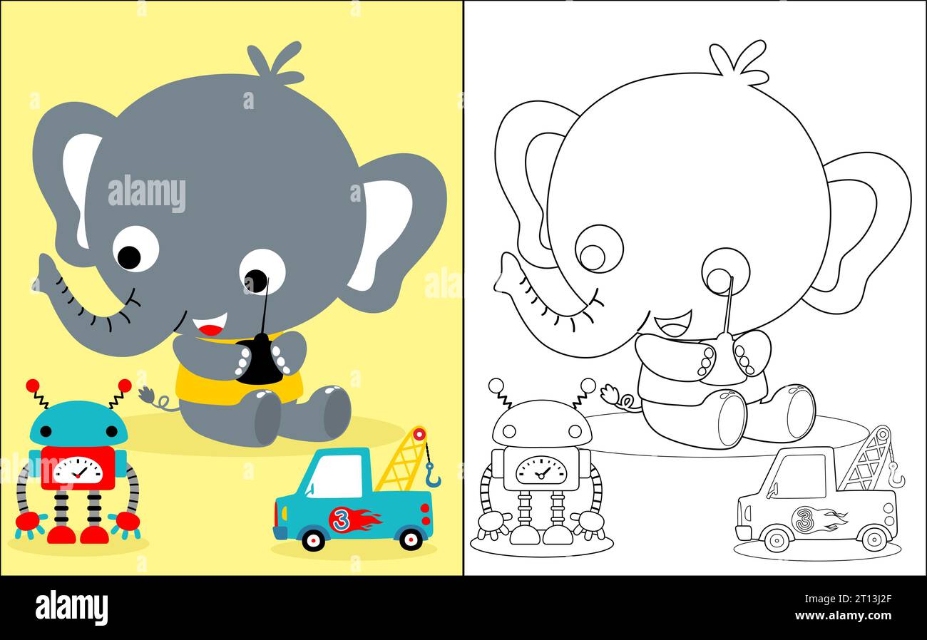 Illustrazione vettoriale di un libro da colorare con cartoni animati di elefanti con giocattoli Illustrazione Vettoriale