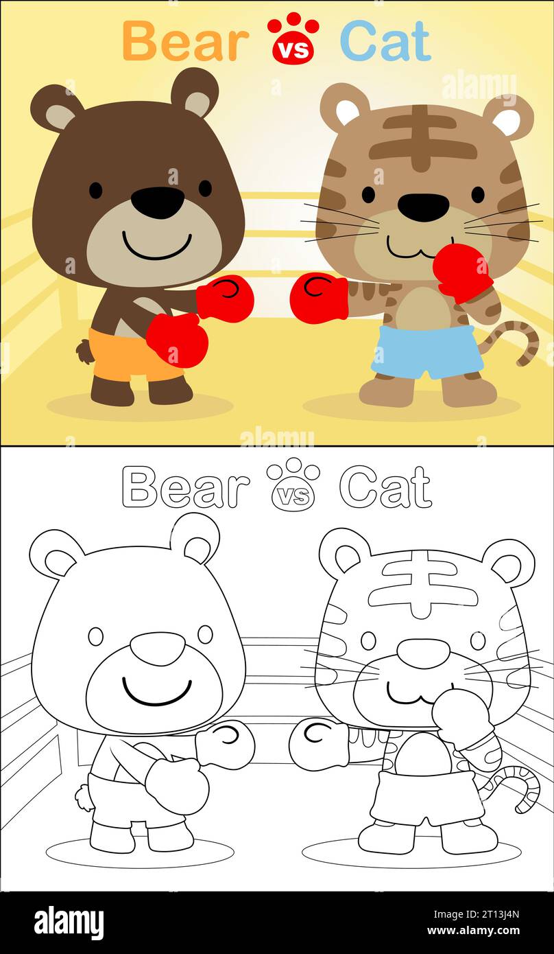 Illustrazione vettoriale del libro da colorare, la boxe corrisponde al cartone animato tra orso e gatto Illustrazione Vettoriale